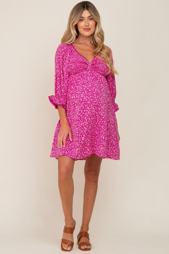 Magenta Floral 3/4 Sleeve Maternity Dress sold by Pinkblush
