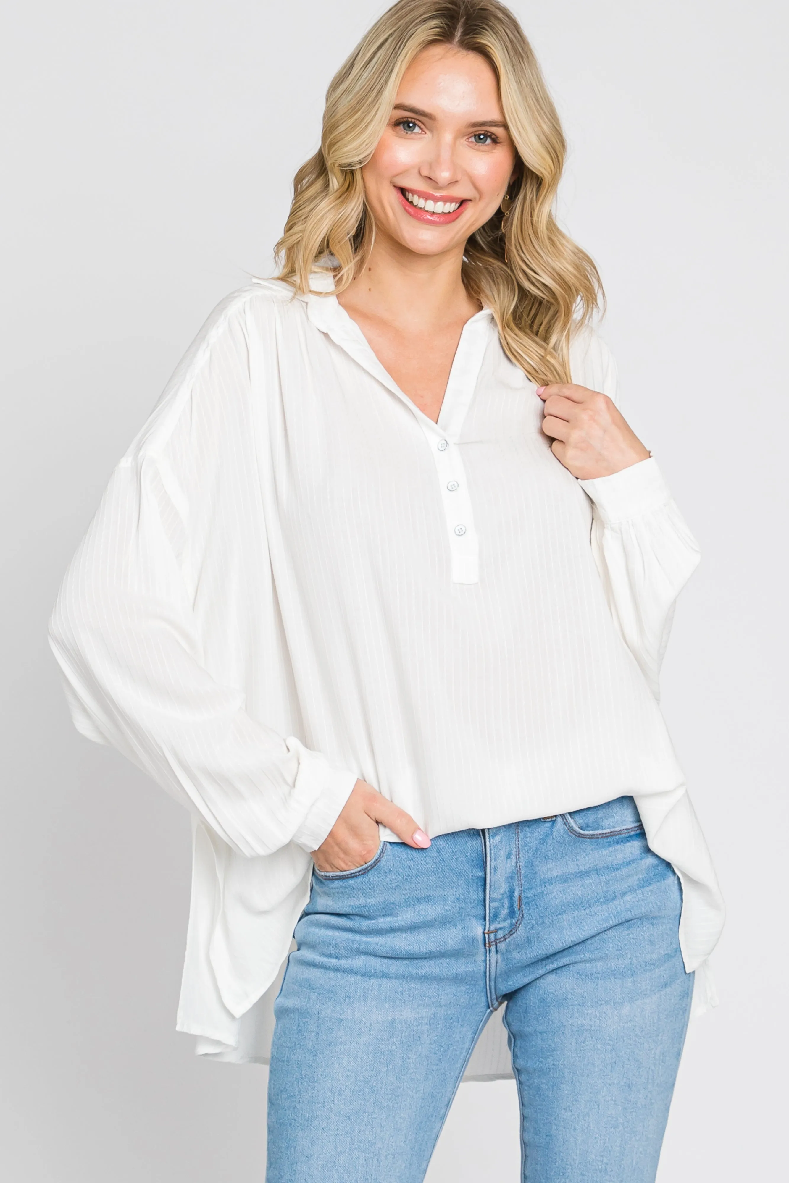 Ivory Lightweight Striped Textured Collared Top sold by Pinkblush
