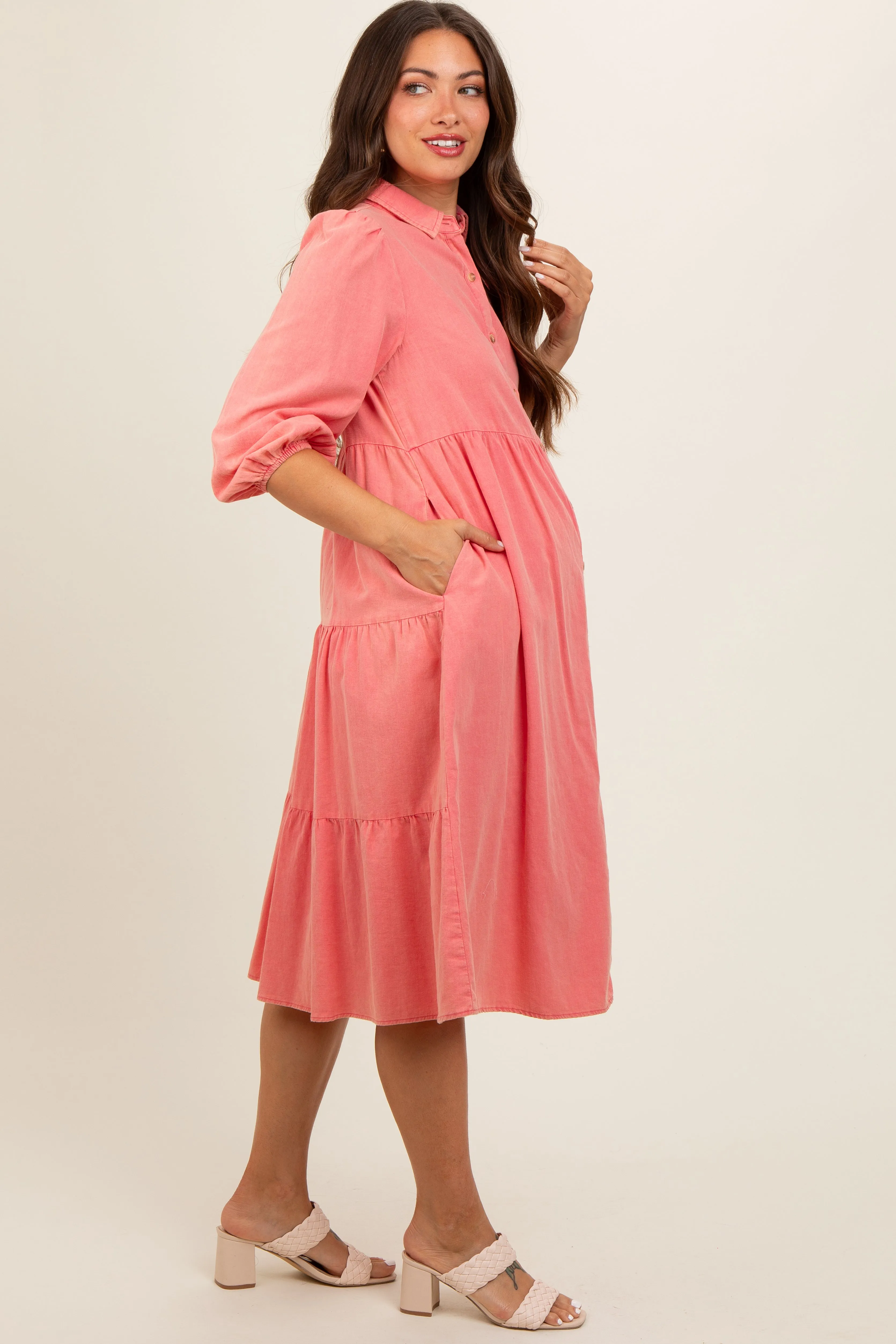 Coral Button Front Maternity Dress sold by Pinkblush product image thumbnail 3