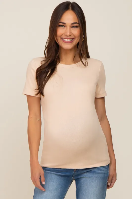 Beige Ribbed Short Sleeve Maternity Top sold by Pinkblush