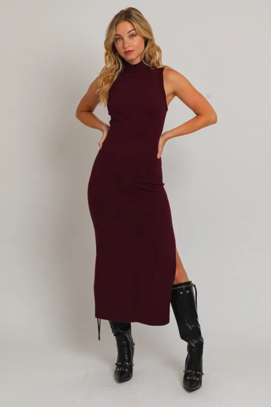 Burgundy Sleeveless Mock Neck Midi Dress sold by Pinkblush