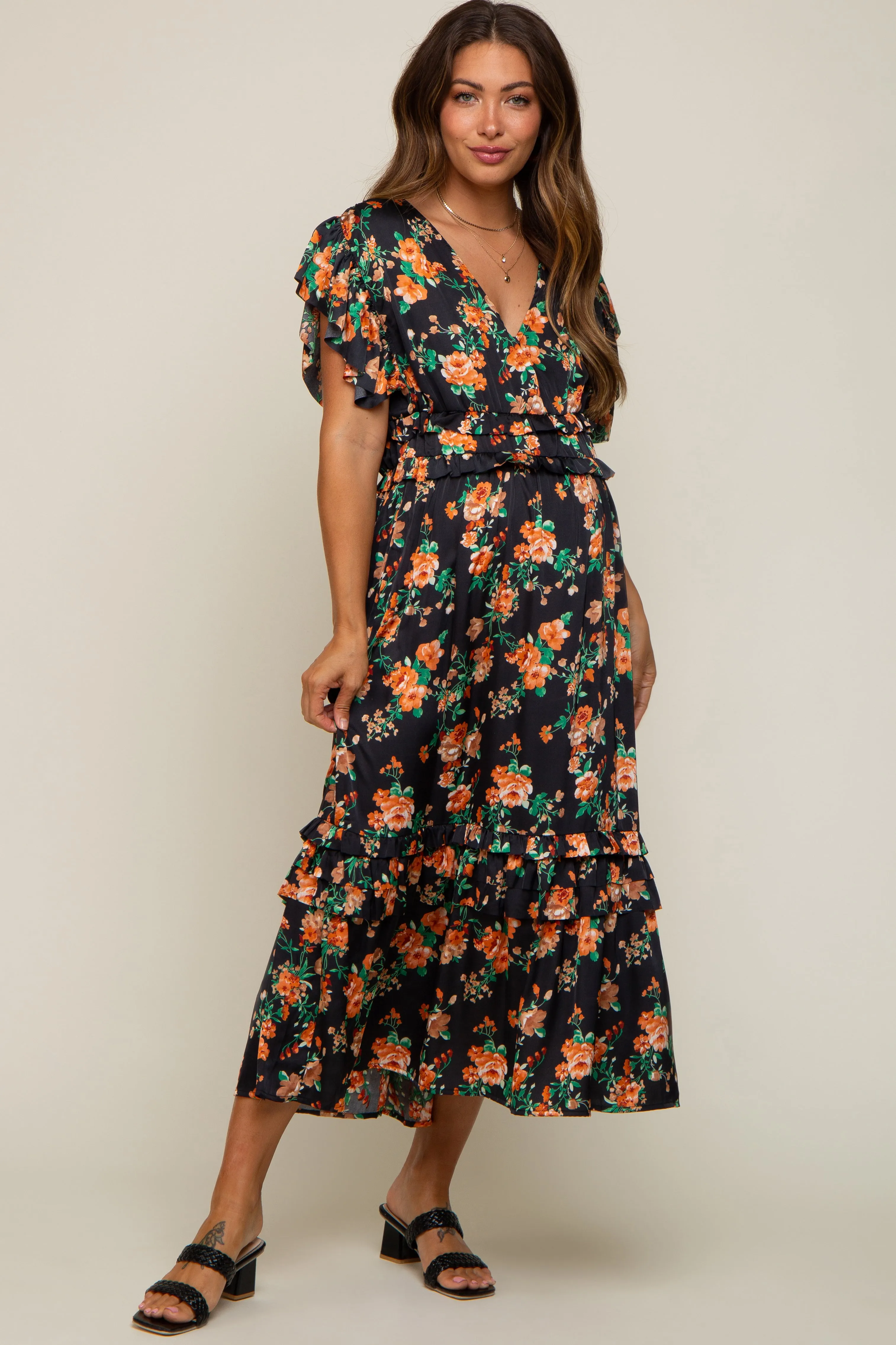 Black Floral Satin Ruffle Maternity Midi Dress sold by Pinkblush product image thumbnail 5