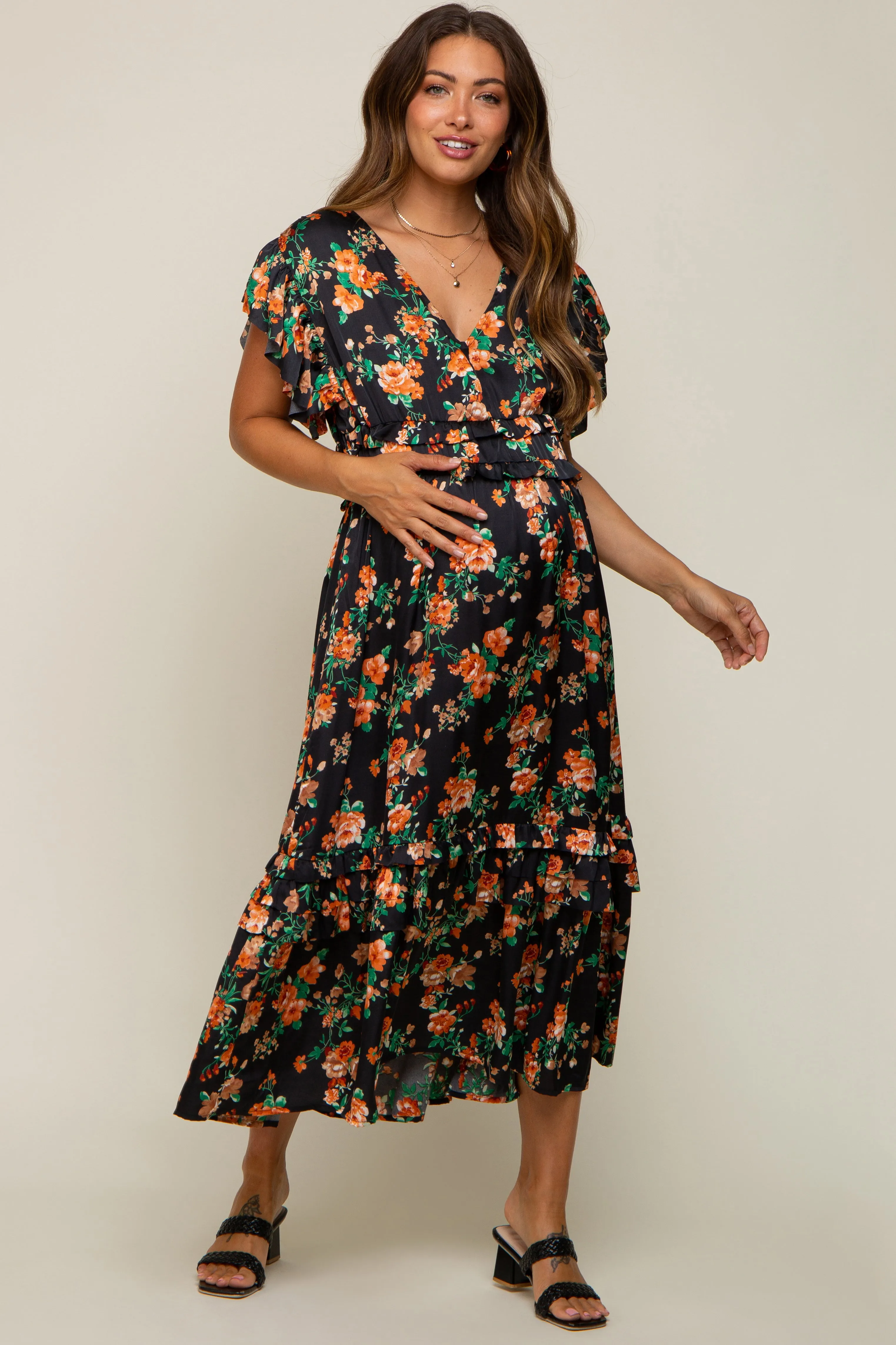 Black Floral Satin Ruffle Maternity Midi Dress sold by Pinkblush product image thumbnail 2