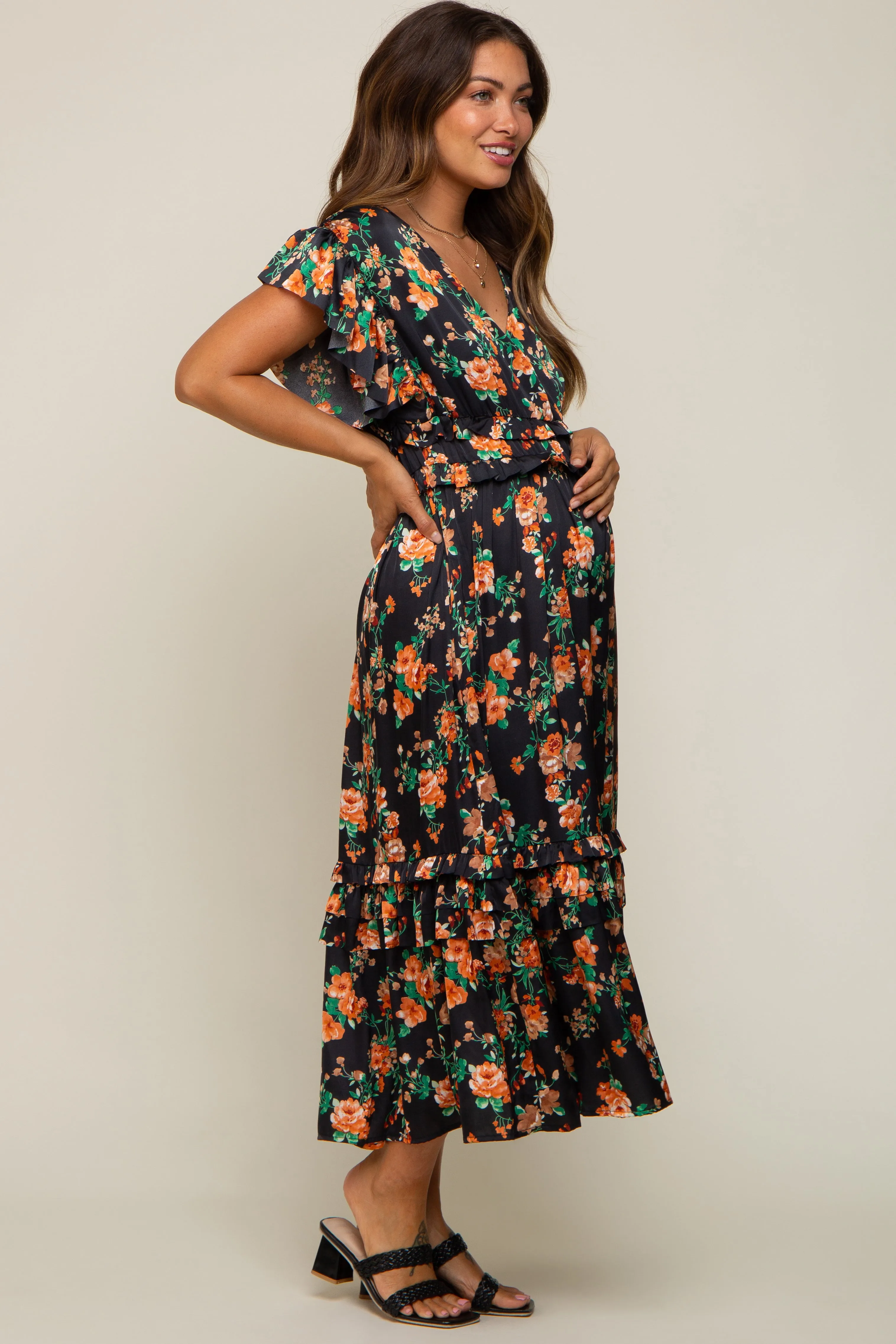 Black Floral Satin Ruffle Maternity Midi Dress sold by Pinkblush product image thumbnail 3