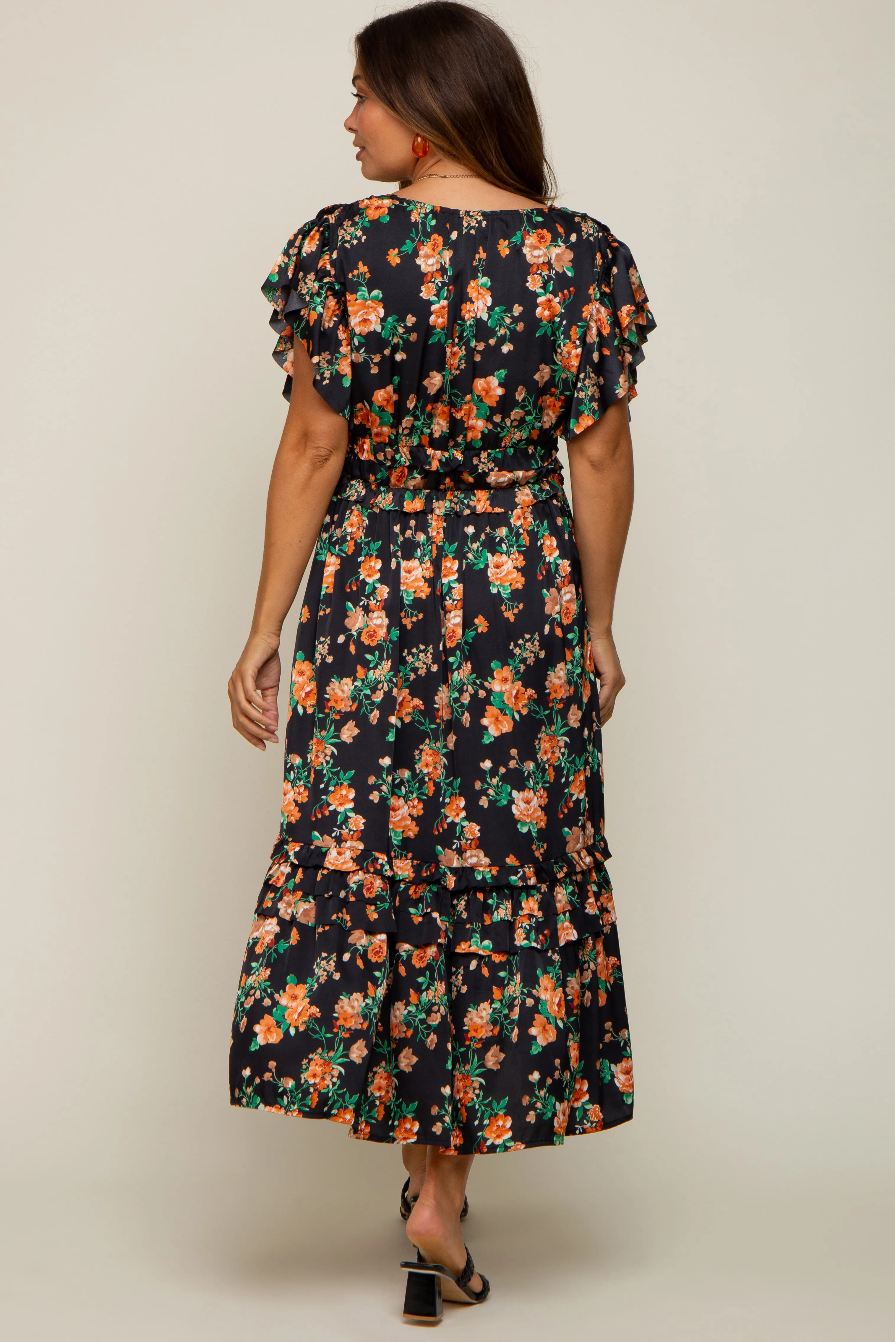 Black Floral Satin Ruffle Maternity Midi Dress sold by Pinkblush product image thumbnail 4