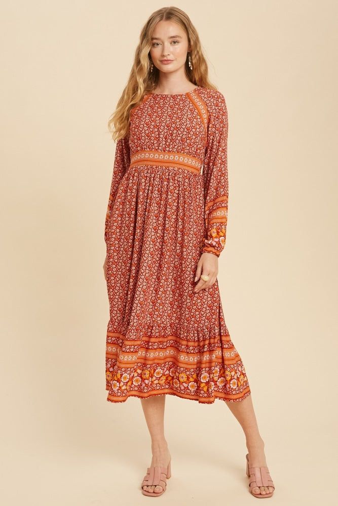 Rust Floral Border Print Boho Midi sold by Pinkblush