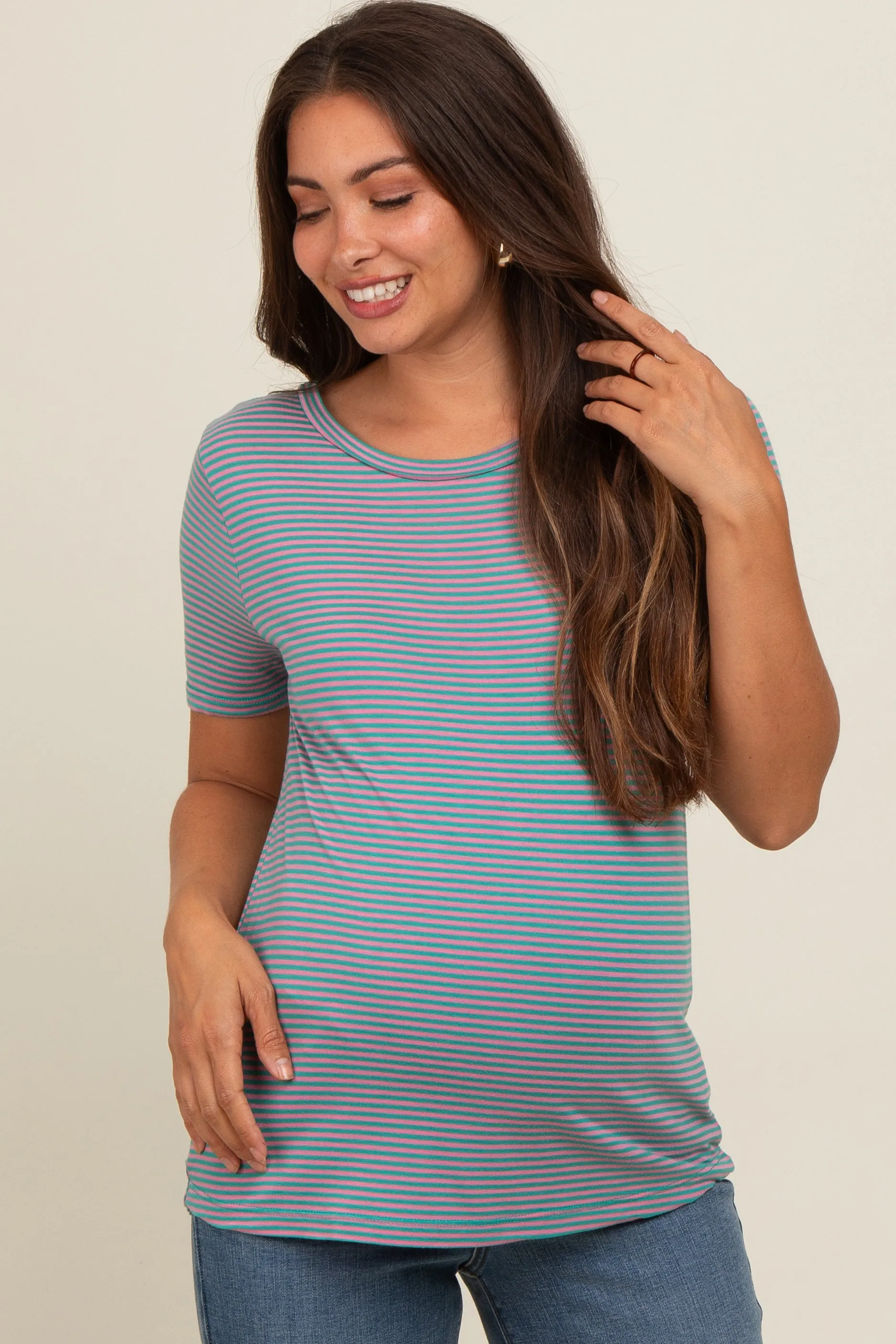 Green Striped Short Sleeve Maternity Top sold by Pinkblush
