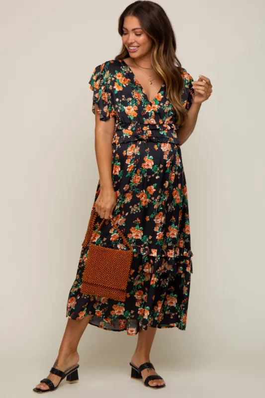 Black Floral Satin Ruffle Maternity Midi Dress sold by Pinkblush