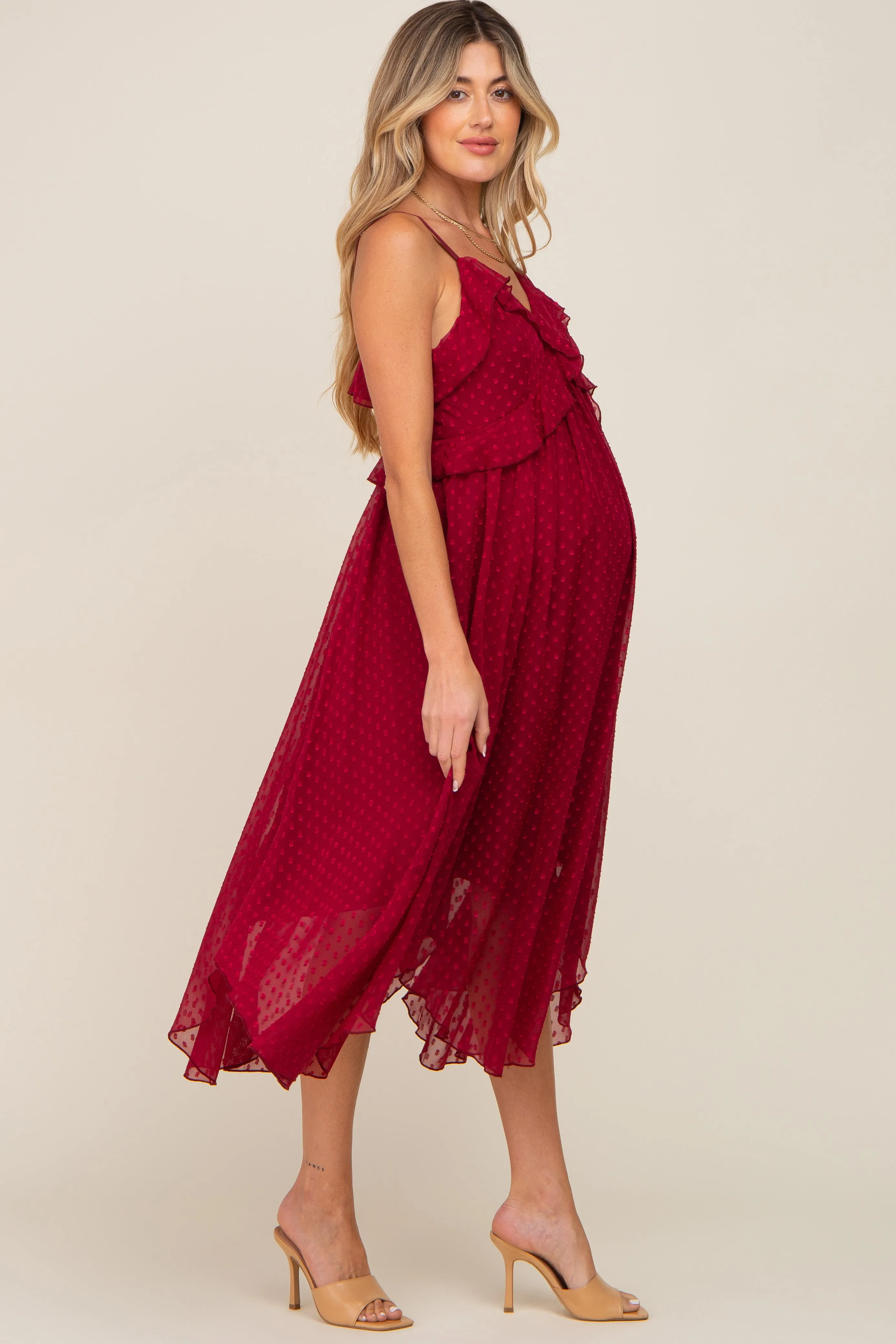 Burgundy Swiss Dot Handkerchief Maternity Midi Dress sold by Pinkblush product image thumbnail 3
