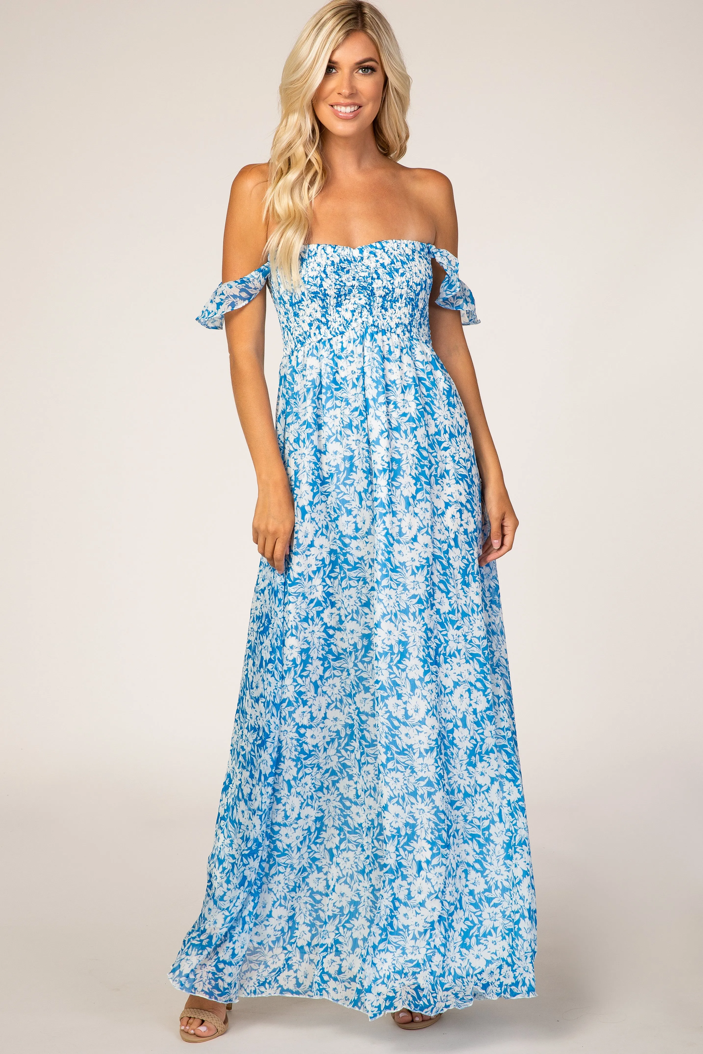 Blue Floral Flutter Sleeve Maxi Dress sold by Pinkblush product image thumbnail 4