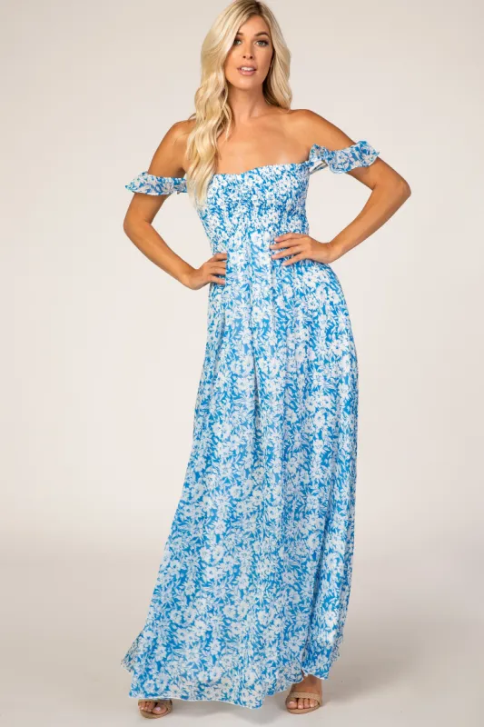 Blue Floral Flutter Sleeve Maxi Dress sold by Pinkblush