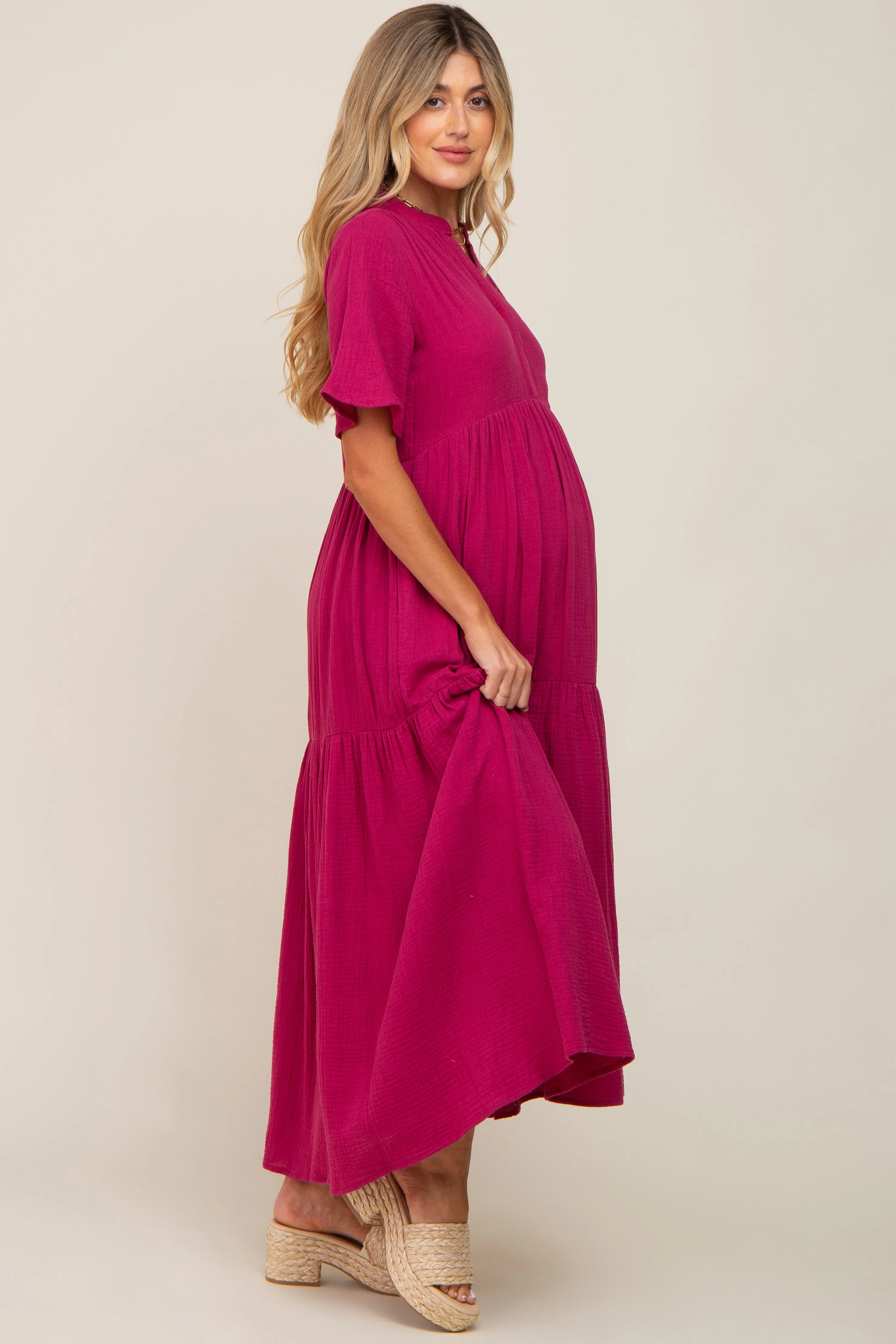 Magenta Gauze Split V-Neck Tiered Maternity Maxi Dress sold by Pinkblush product image thumbnail 3