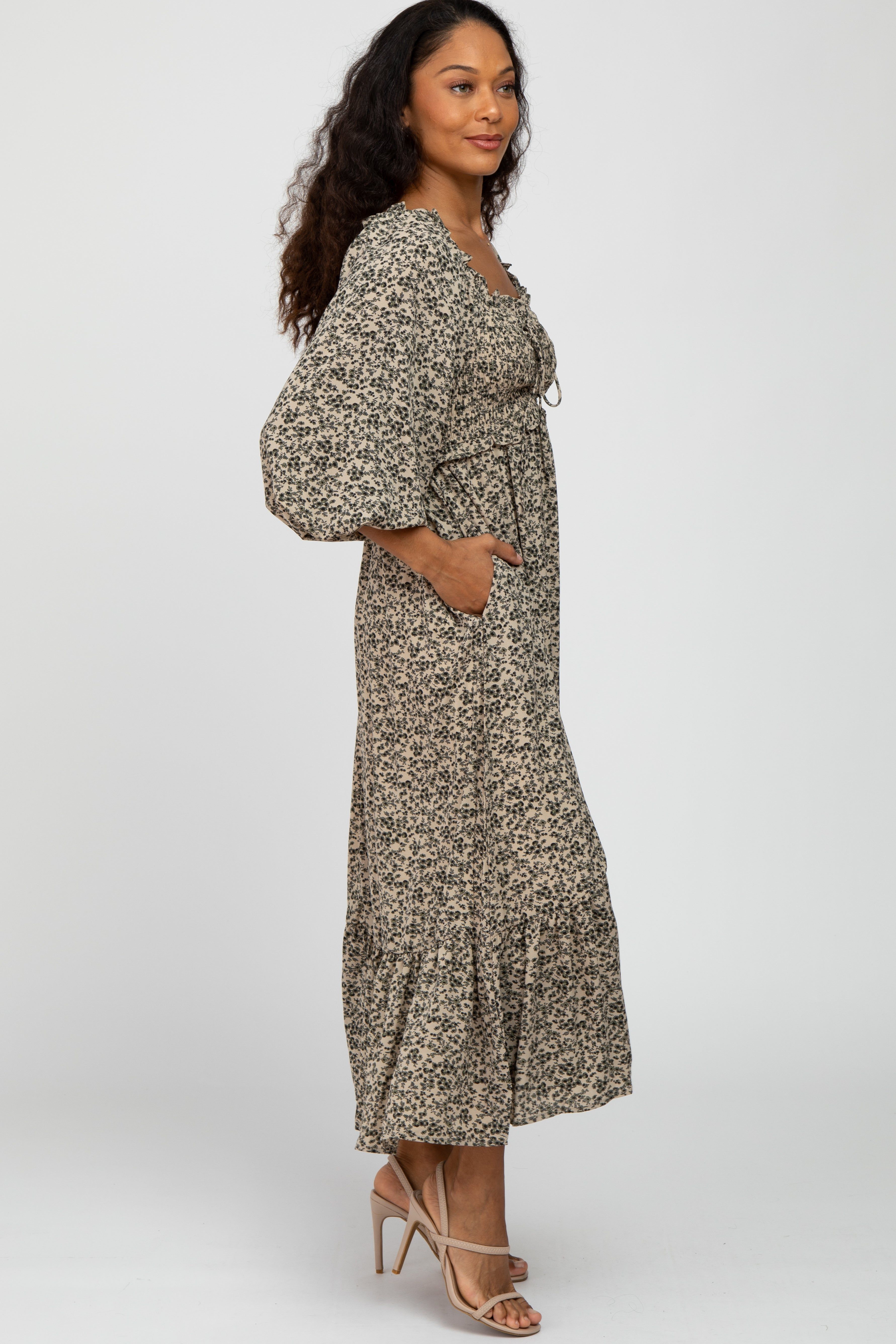 Cream Floral Ruffle Sweetheart Neck Midi Dress sold by Pinkblush product image thumbnail 2