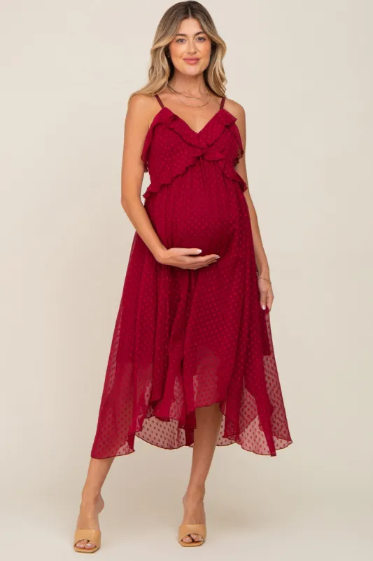Burgundy Swiss Dot Handkerchief Maternity Midi Dress sold by Pinkblush