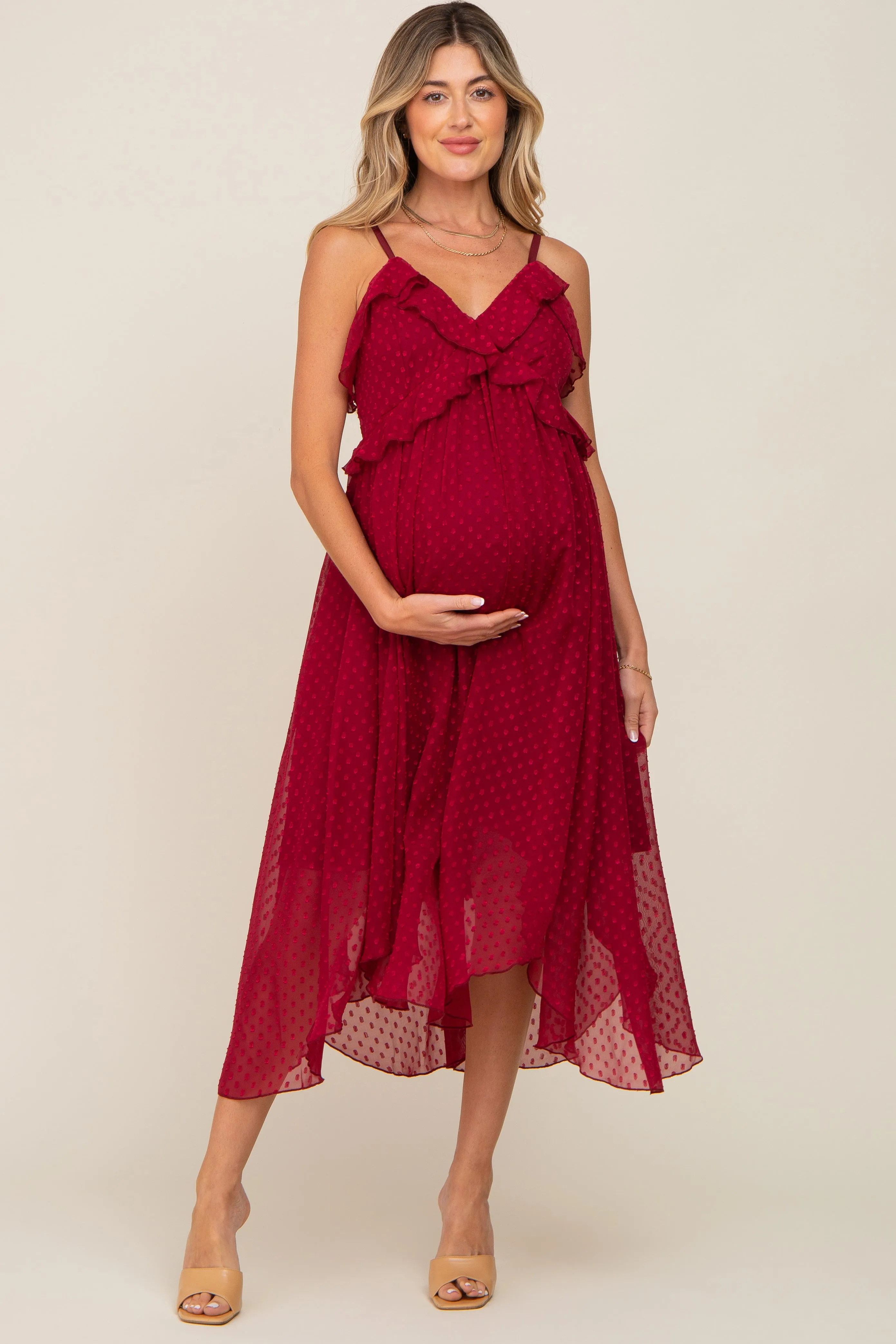 Burgundy Swiss Dot Handkerchief Maternity Midi Dress sold by Pinkblush