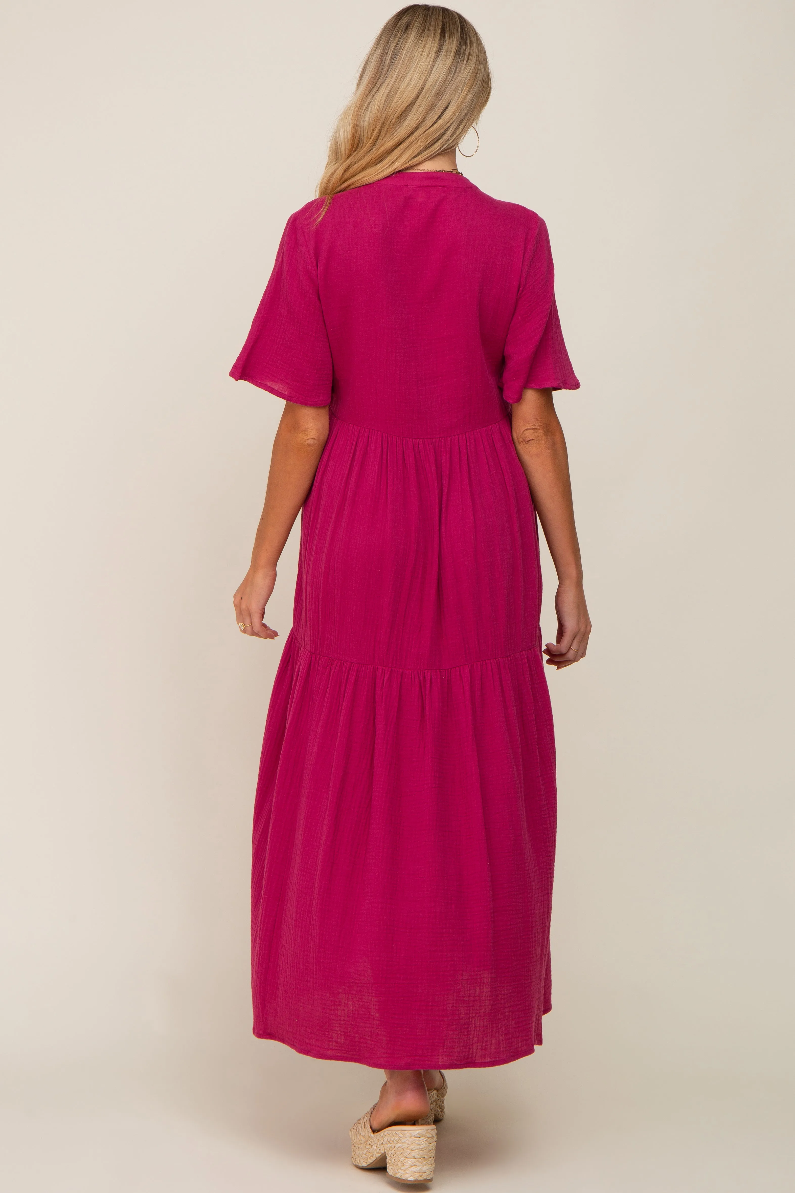 Magenta Gauze Split V-Neck Tiered Maternity Maxi Dress sold by Pinkblush product image thumbnail 4