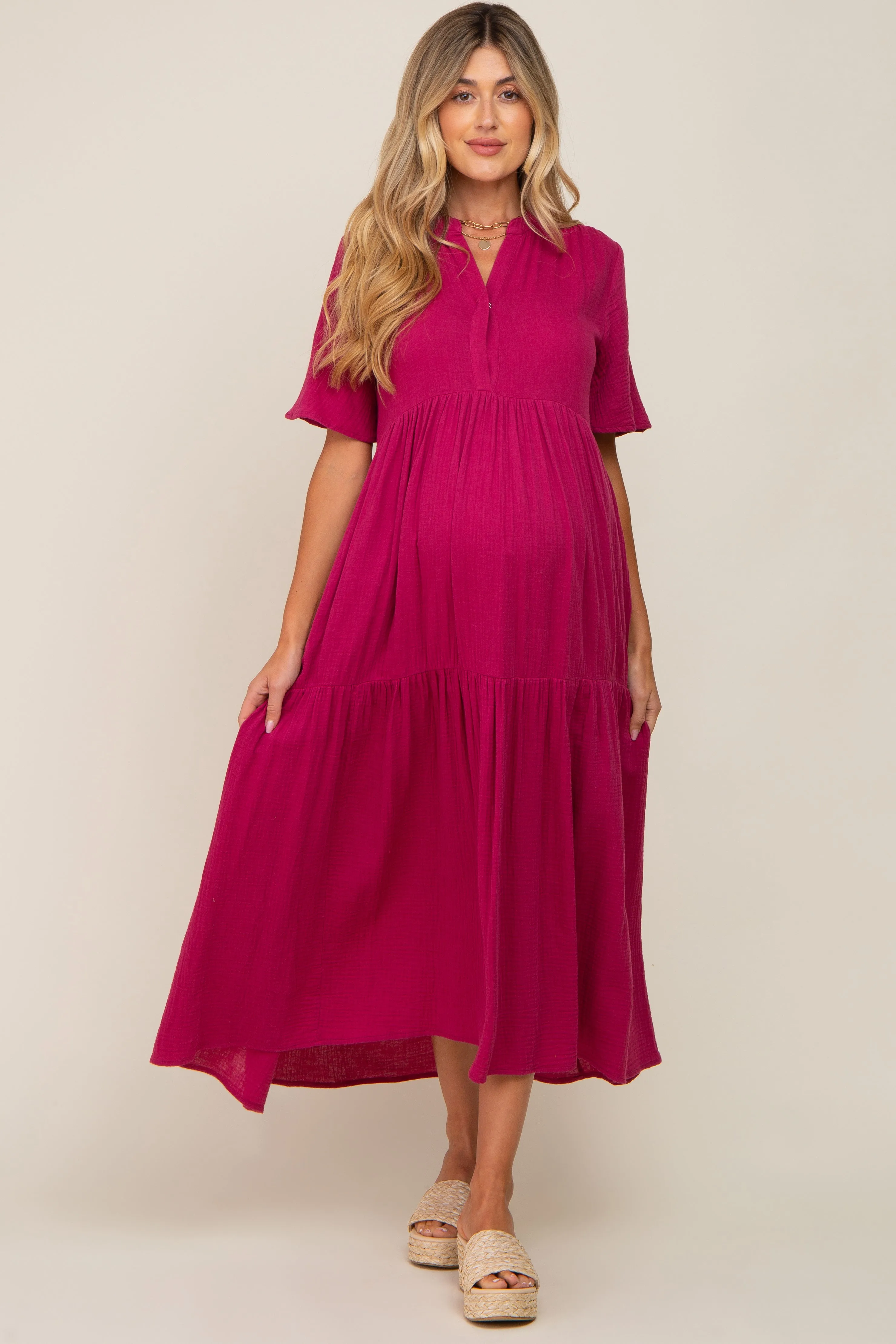 Magenta Gauze Split V-Neck Tiered Maternity Maxi Dress sold by Pinkblush