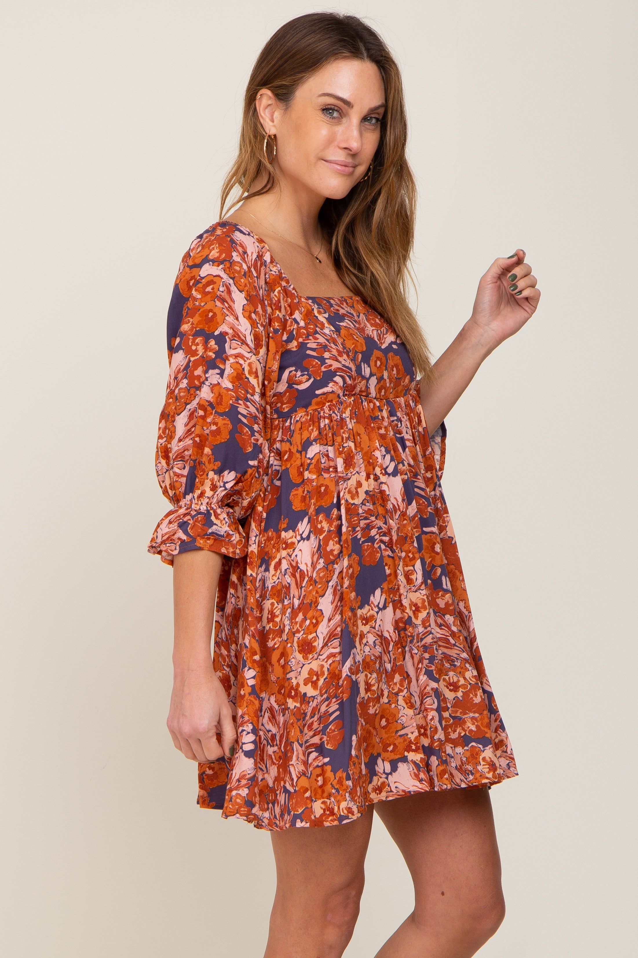 Navy Rust Floral Puff Sleeve Mini Dress sold by Pinkblush product image thumbnail 2