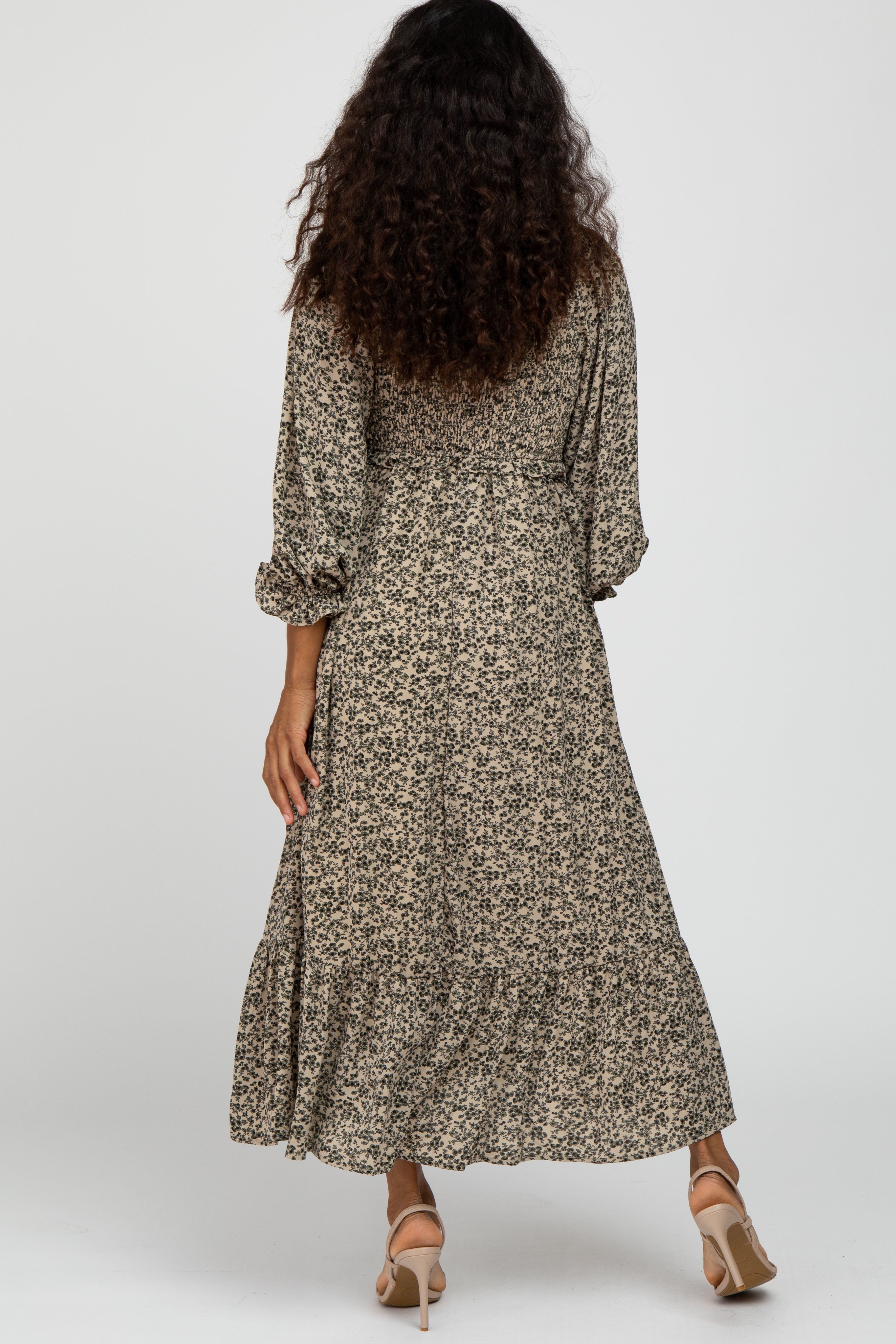 Cream Floral Ruffle Sweetheart Neck Midi Dress sold by Pinkblush product image thumbnail 3