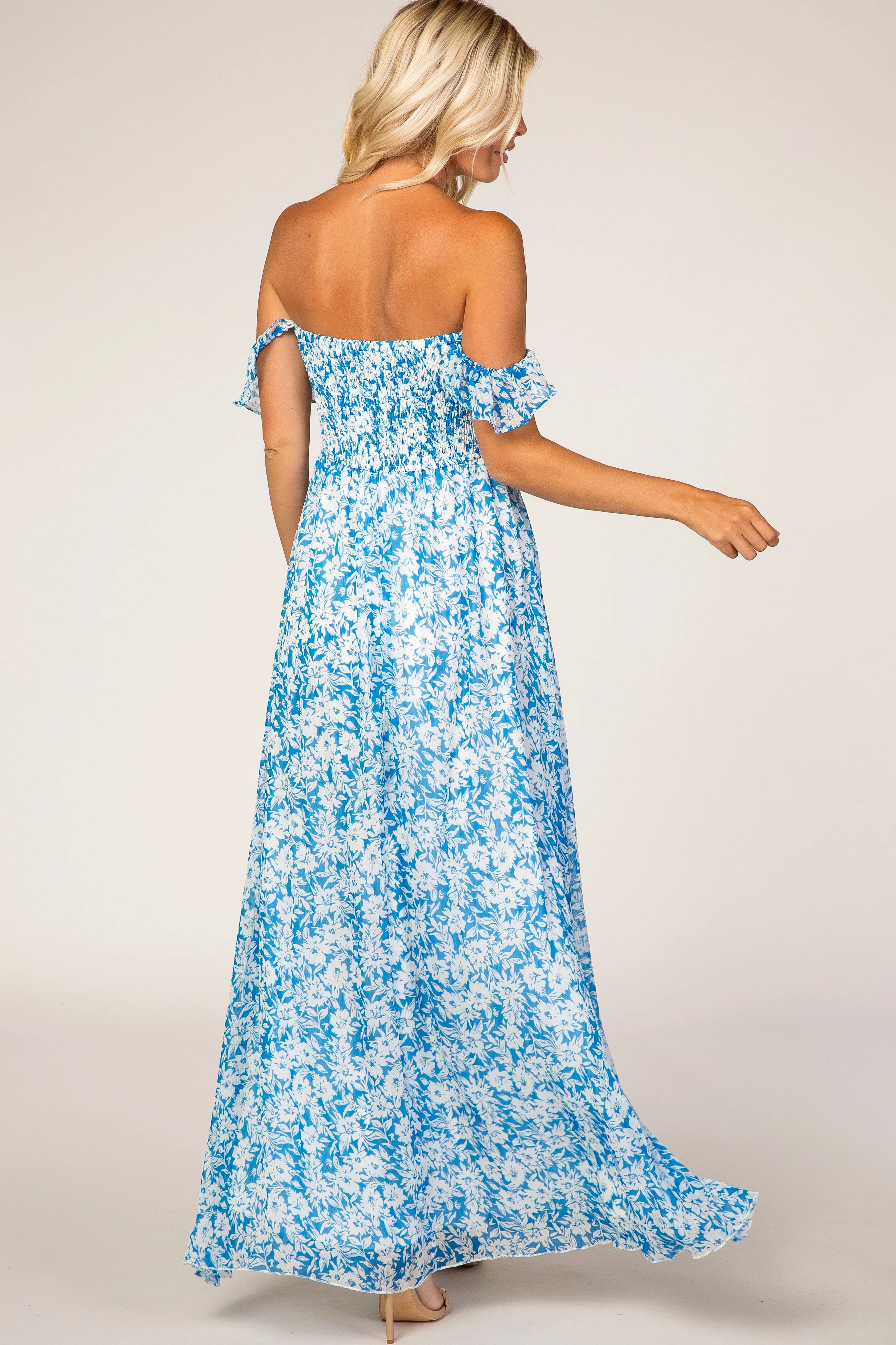 Blue Floral Flutter Sleeve Maxi Dress sold by Pinkblush product image thumbnail 3
