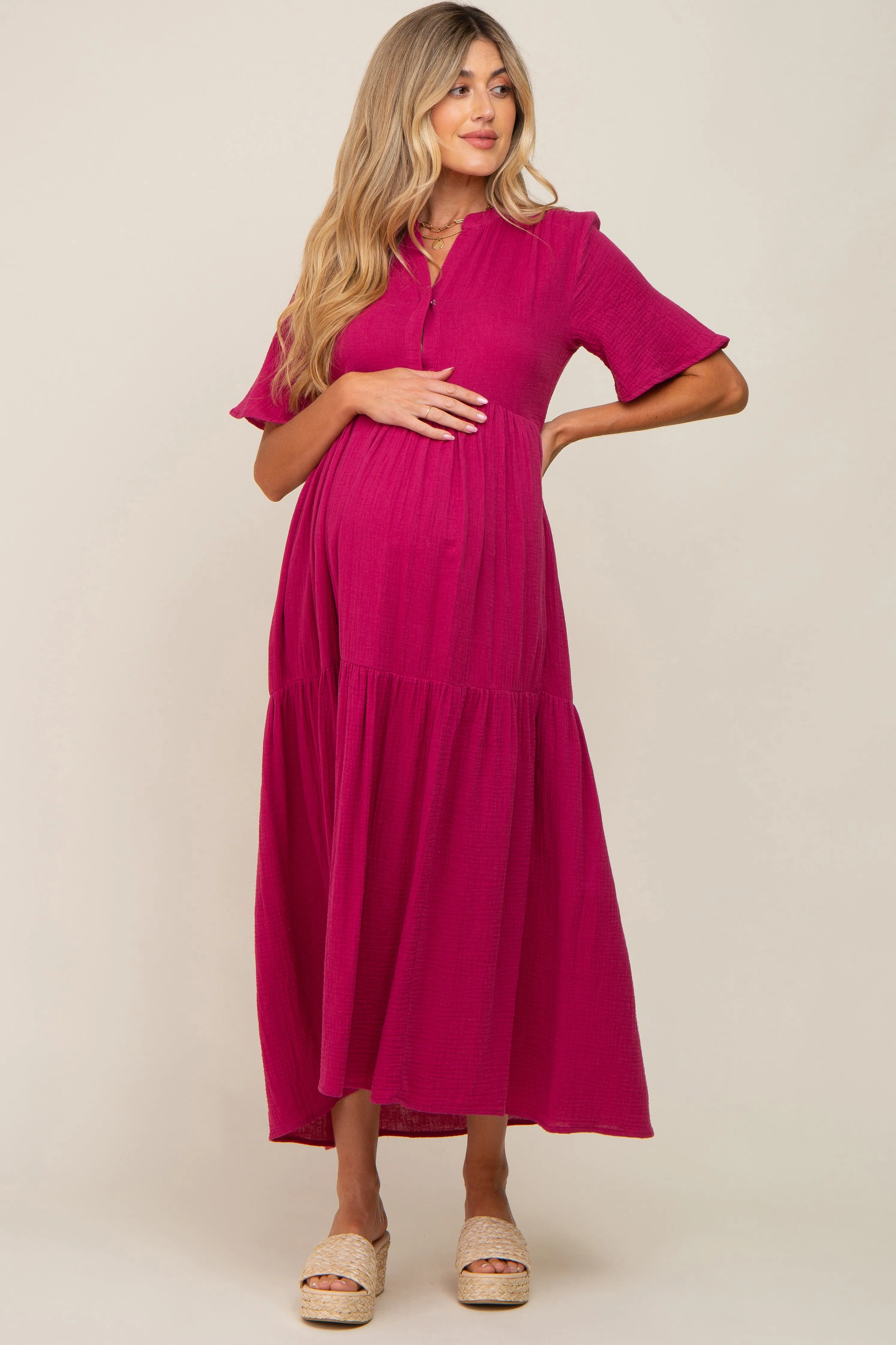 Magenta Gauze Split V-Neck Tiered Maternity Maxi Dress sold by Pinkblush product image thumbnail 2