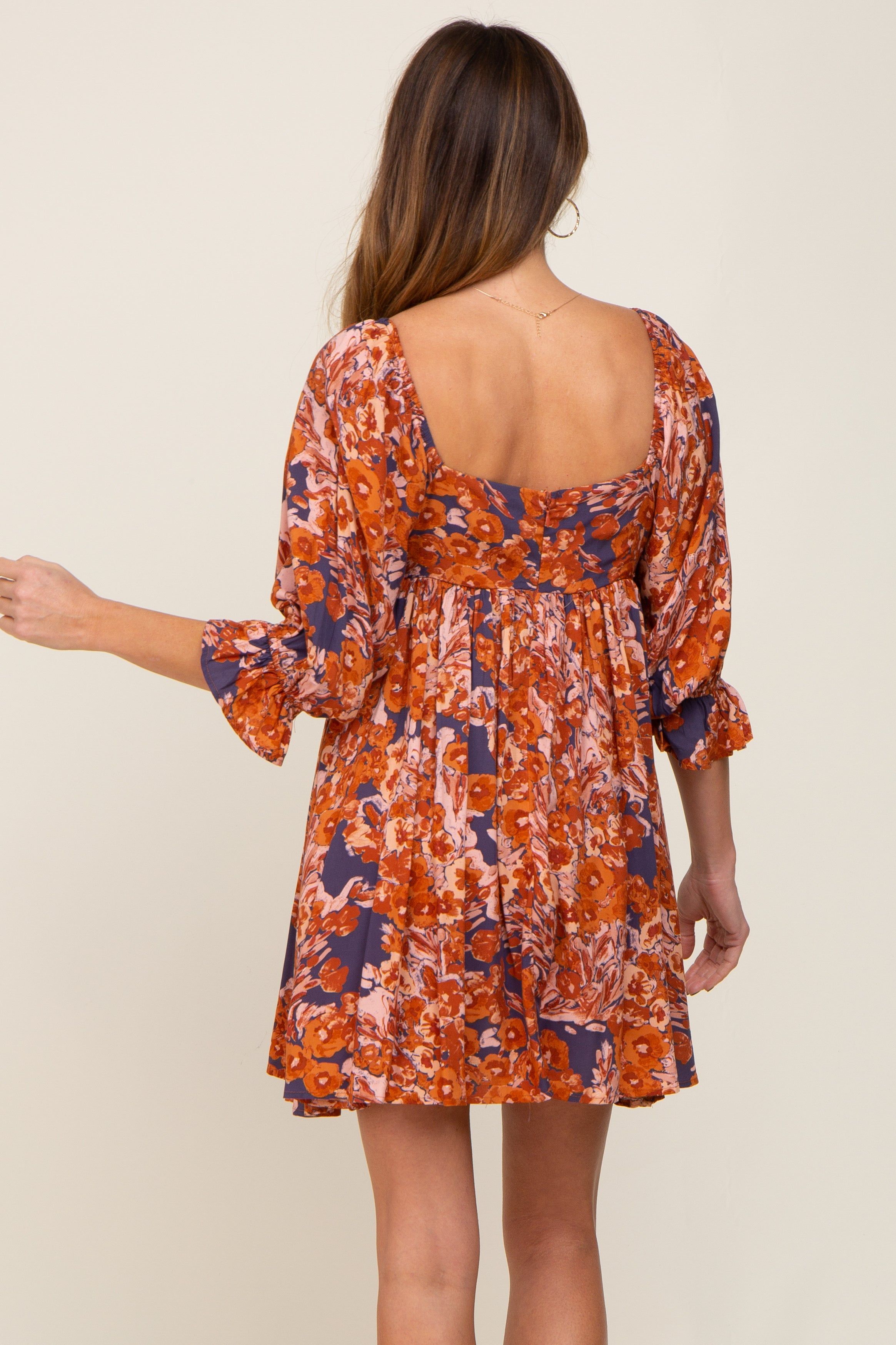 Navy Rust Floral Puff Sleeve Mini Dress sold by Pinkblush product image thumbnail 3