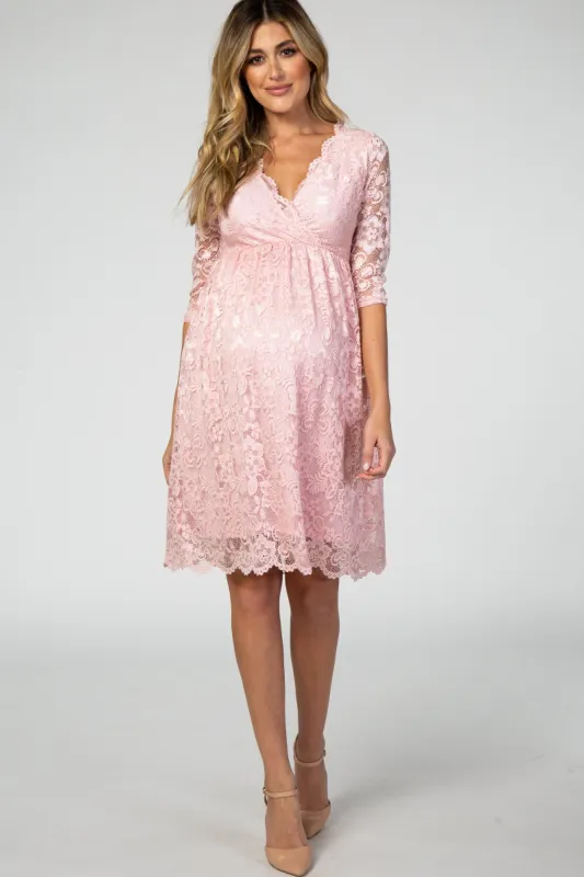 Light Pink 3/4 Sleeve Floral Lace Maternity Nursing Dress sold by Pinkblush