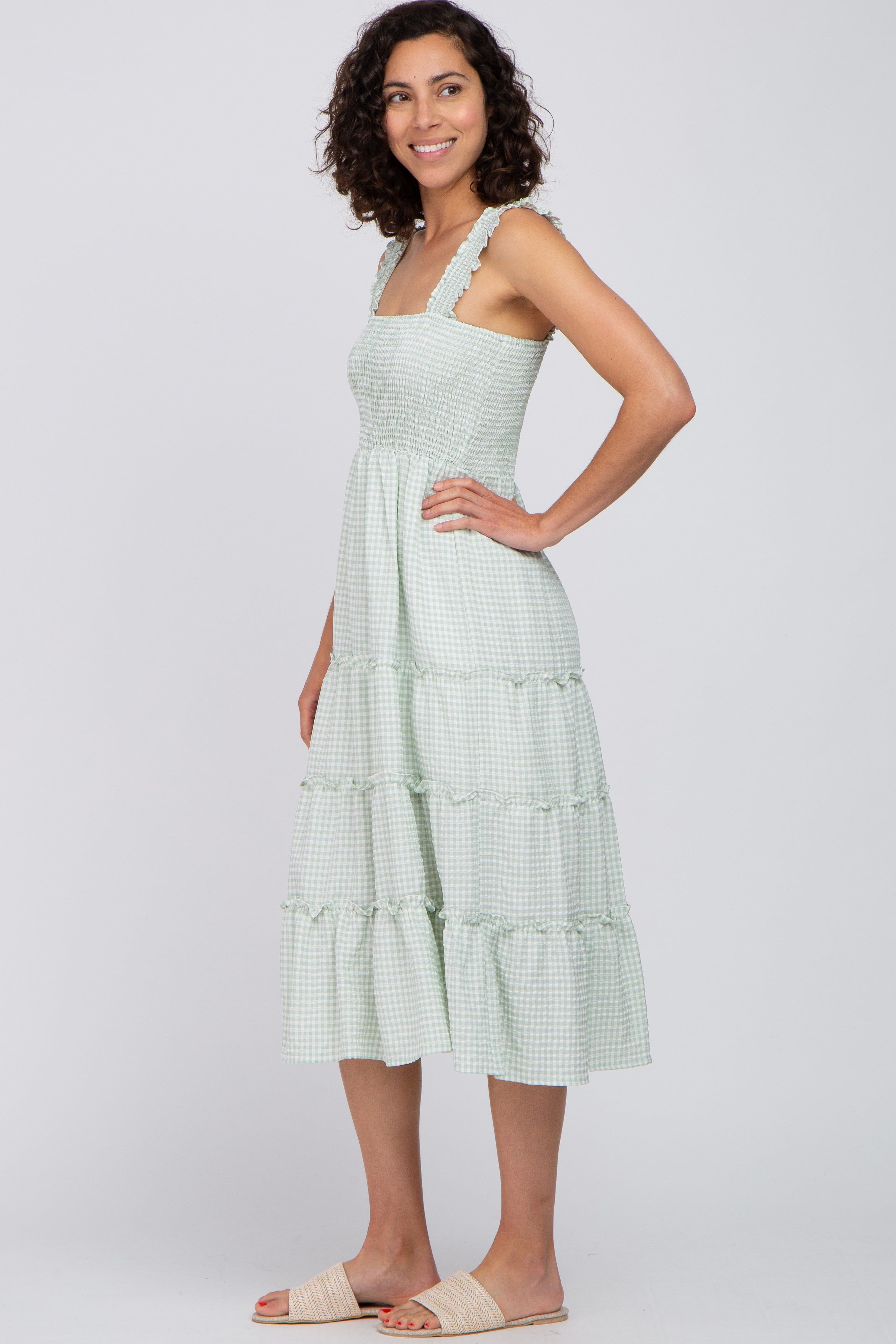 Mint Green Gingham Smocked Tiered Midi Dress sold by Pinkblush product image thumbnail 2