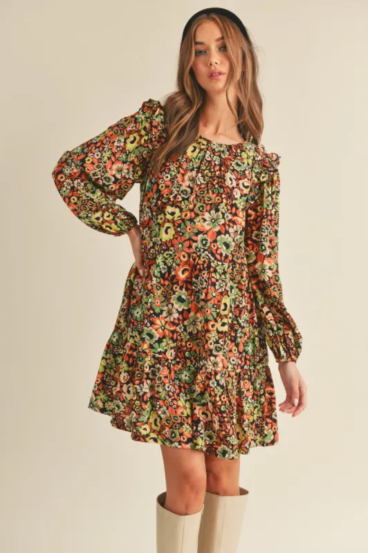 Black Multi Floral Print Tiered Mini Dress sold by Pinkblush
