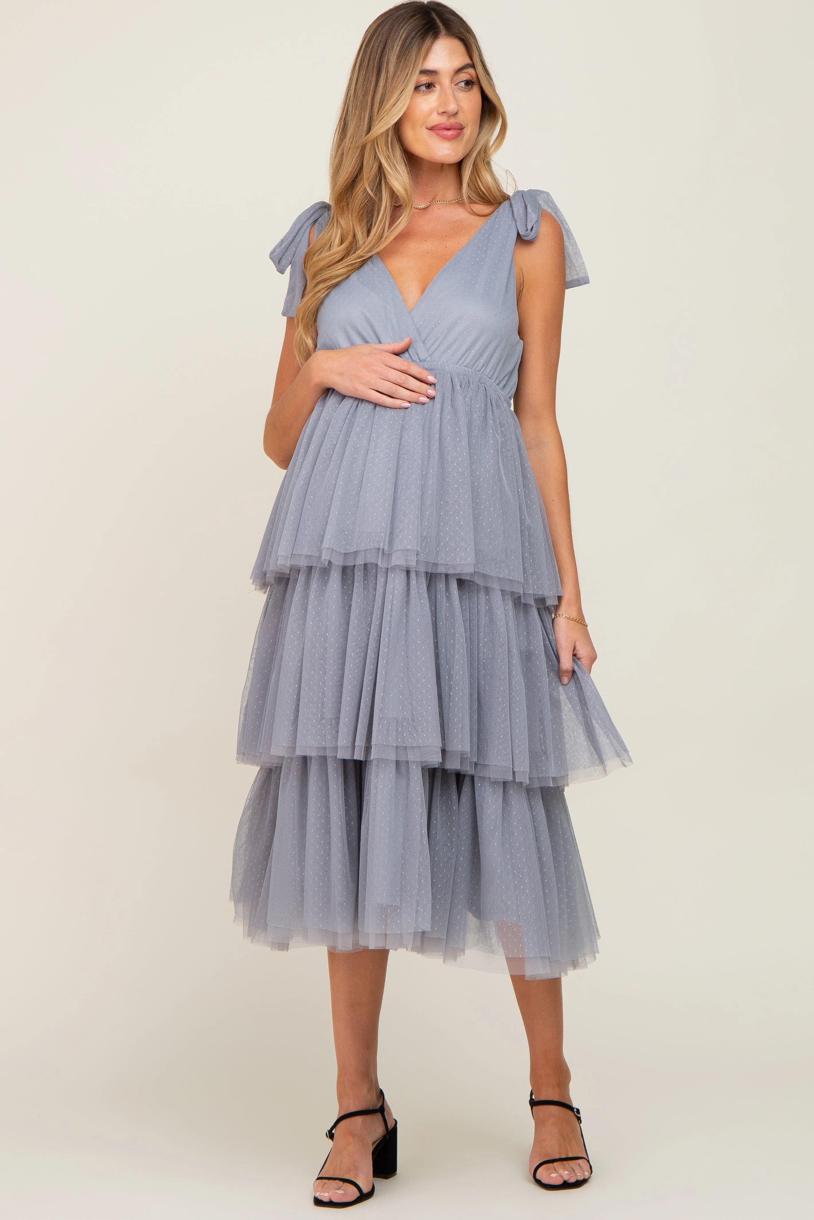 Light Blue Sleeveless Tiered Tie Strap Tulle Maternity Midi Dress sold by Pinkblush product image thumbnail 4