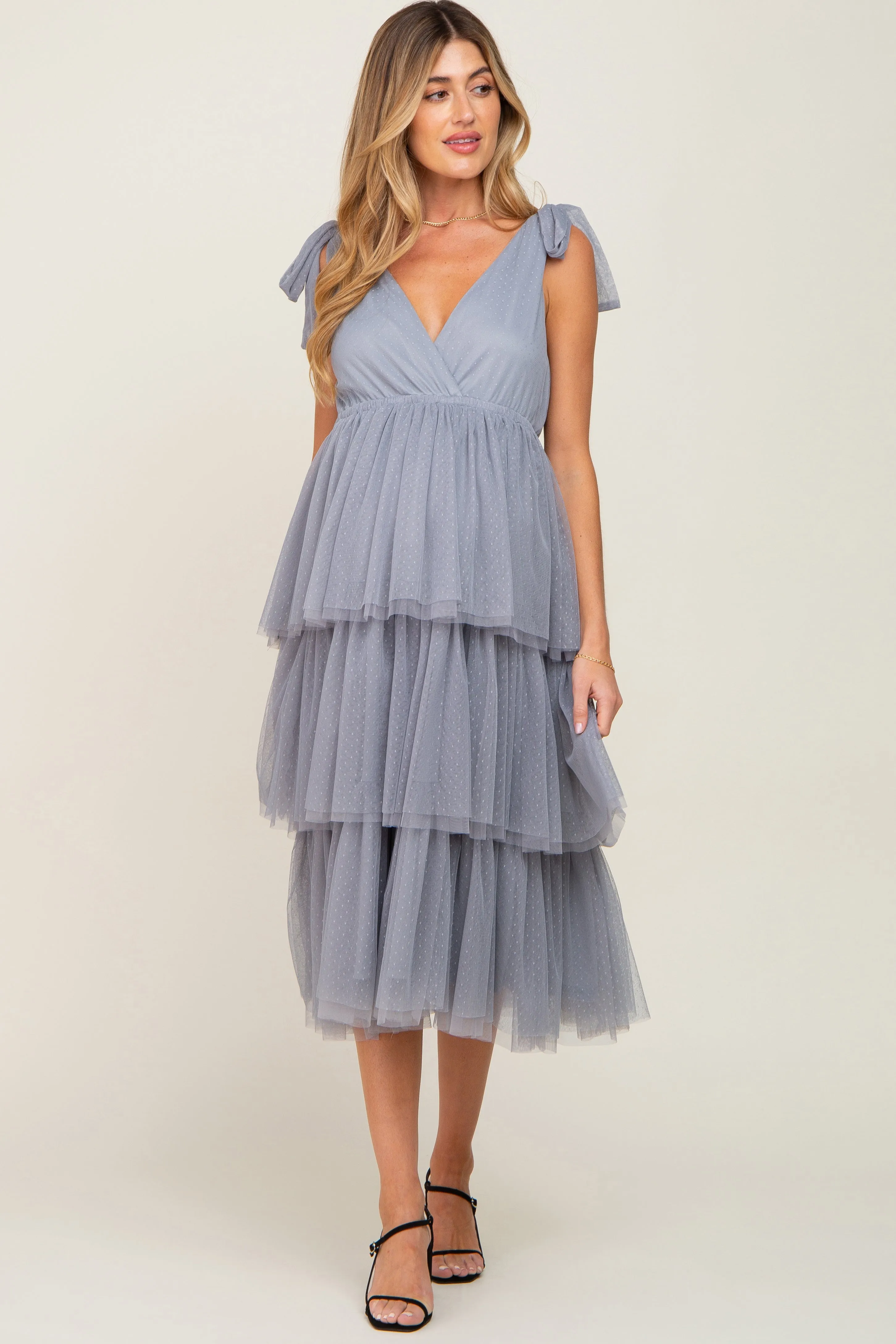 Light Blue Sleeveless Tiered Tie Strap Tulle Maternity Midi Dress sold by Pinkblush
