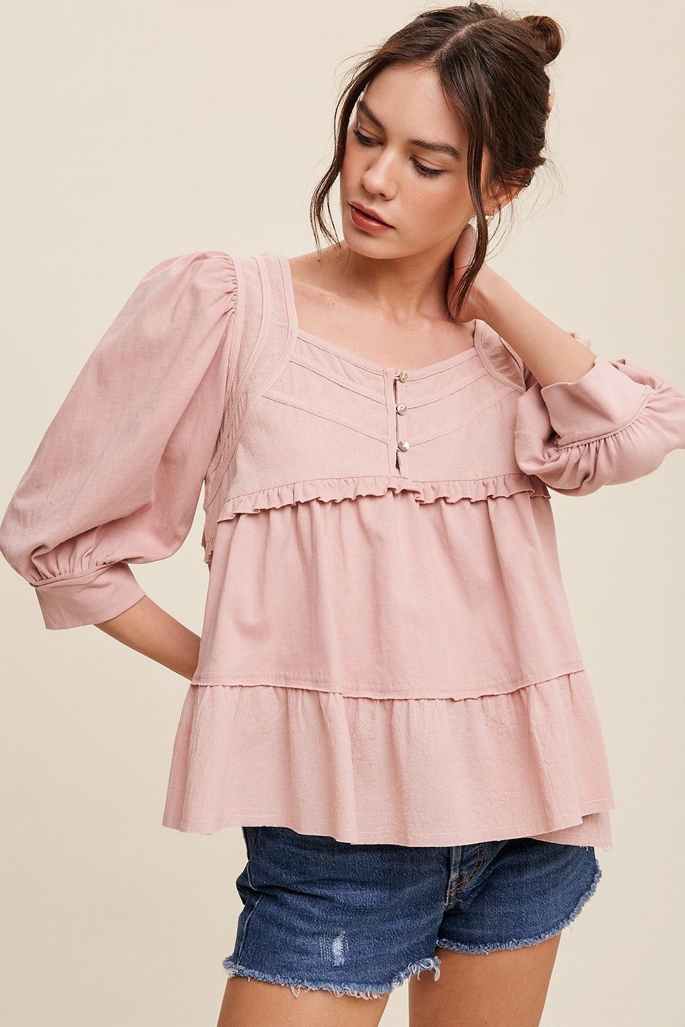 Mauve Button Front Contrast Babydoll Top sold by Pinkblush