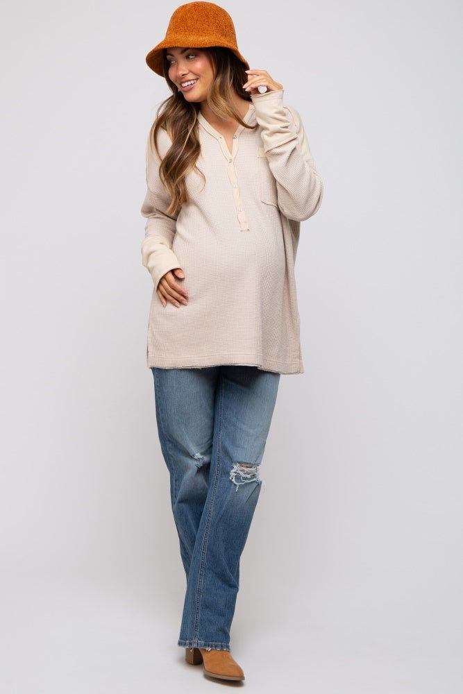 Beige Colorblock Waffle Knit Henley Maternity Top sold by Pinkblush product image thumbnail 5