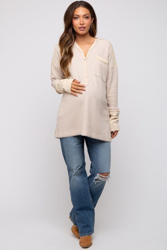 Beige Colorblock Waffle Knit Henley Maternity Top sold by Pinkblush product image thumbnail 2