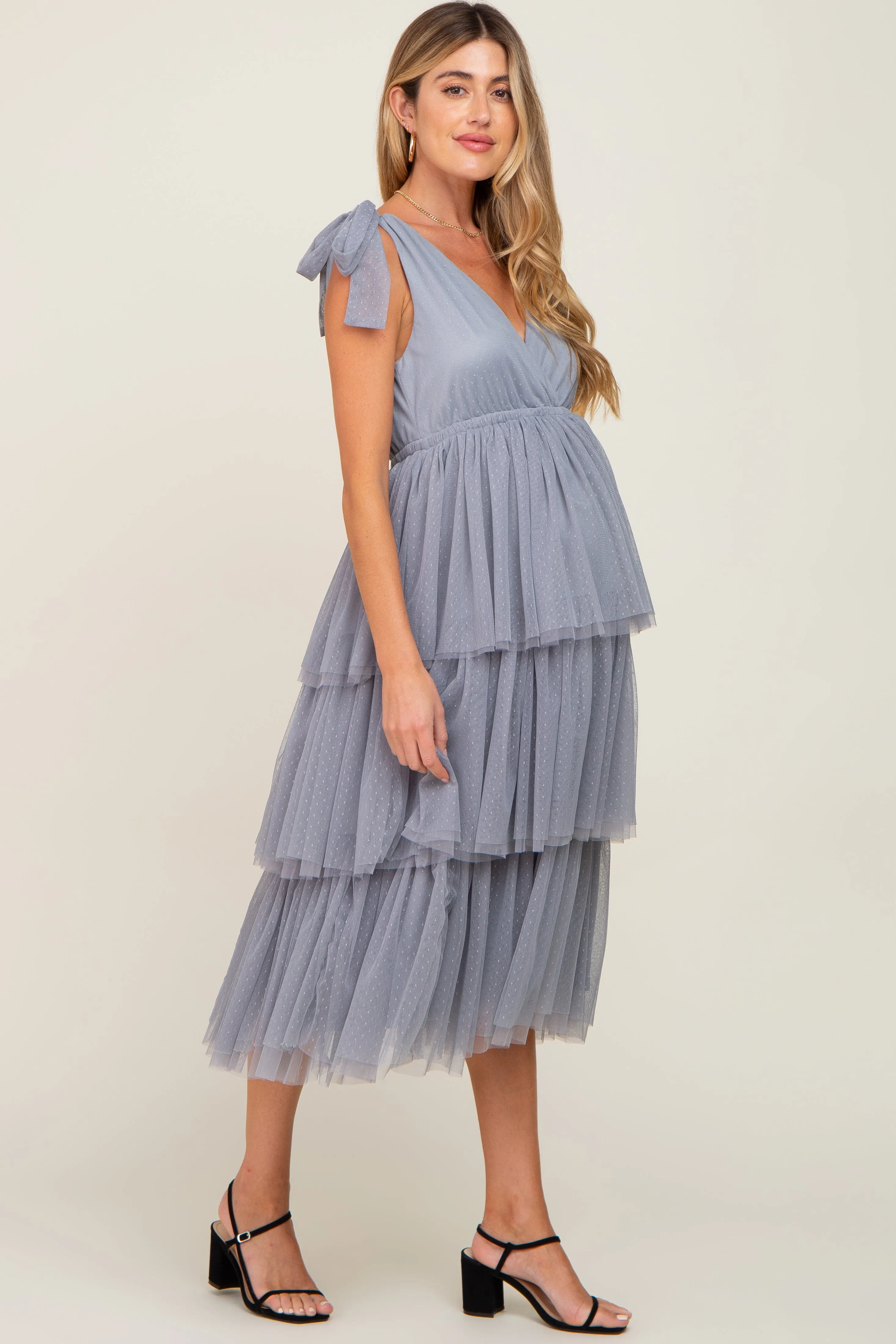 Light Blue Sleeveless Tiered Tie Strap Tulle Maternity Midi Dress sold by Pinkblush product image thumbnail 2