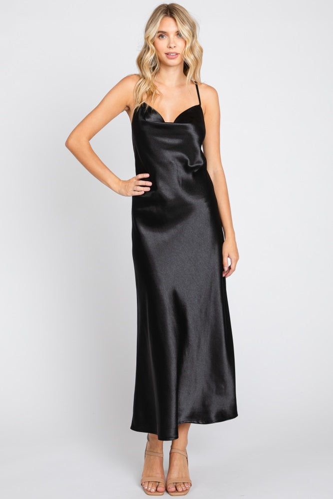 Black Solid Satin Cowl Neck Cami Dress sold by Pinkblush