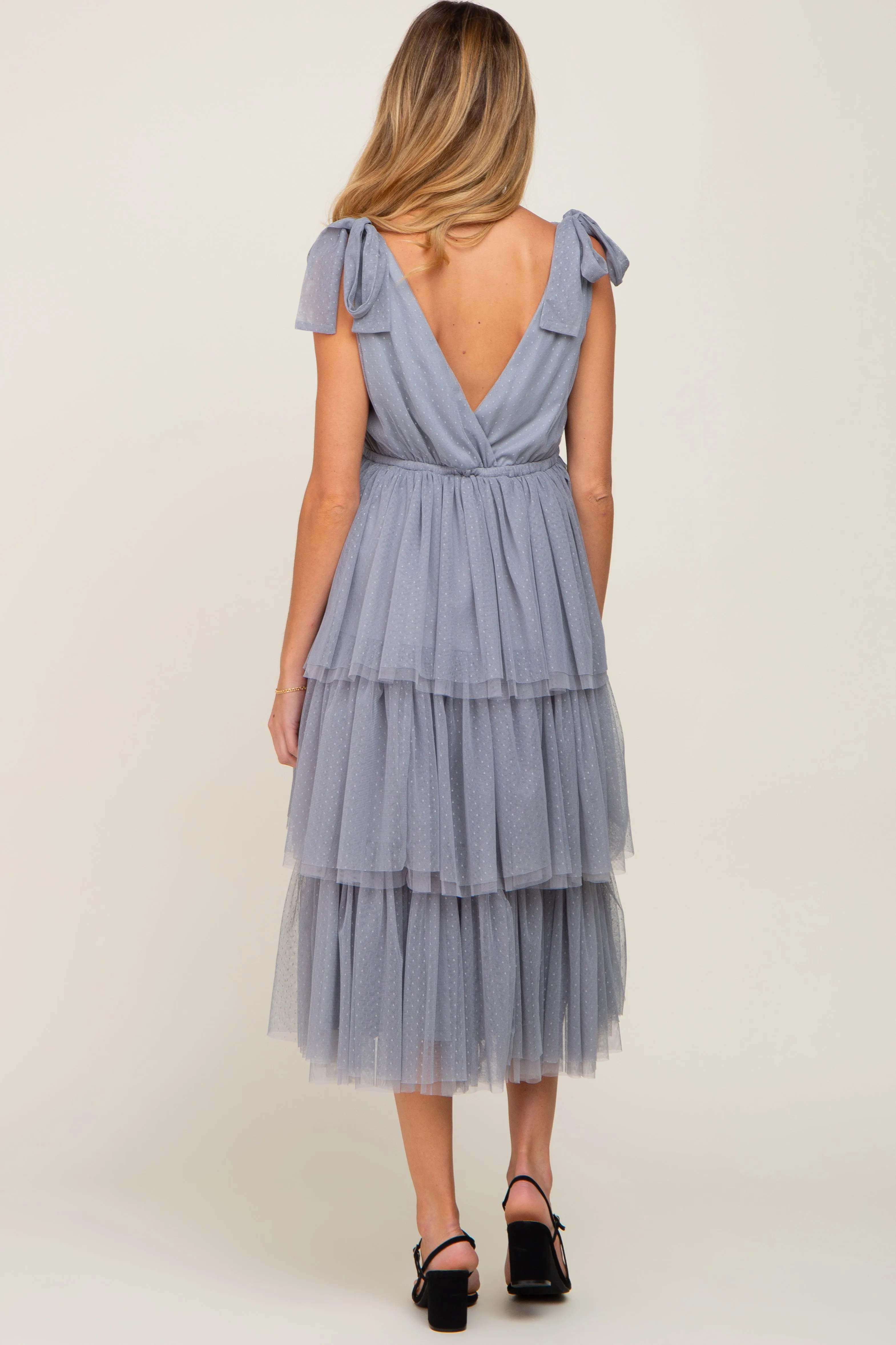 Light Blue Sleeveless Tiered Tie Strap Tulle Maternity Midi Dress sold by Pinkblush product image thumbnail 3