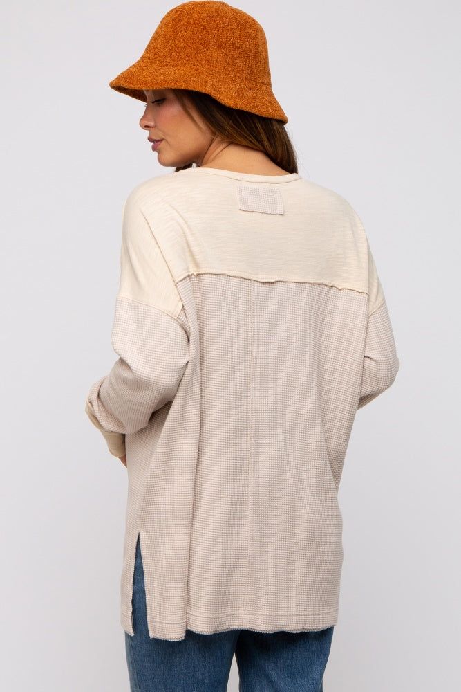 Beige Colorblock Waffle Knit Henley Maternity Top sold by Pinkblush product image thumbnail 4