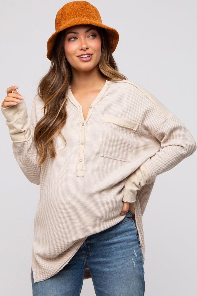 Beige Colorblock Waffle Knit Henley Maternity Top sold by Pinkblush
