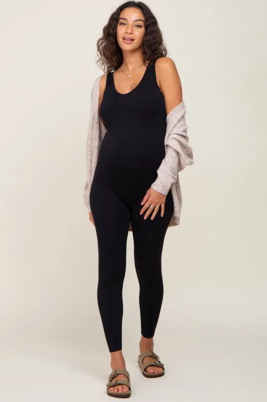 Black V-Neck Seamless Ribbed Fitted Maternity Jumpsuit sold by Pinkblush