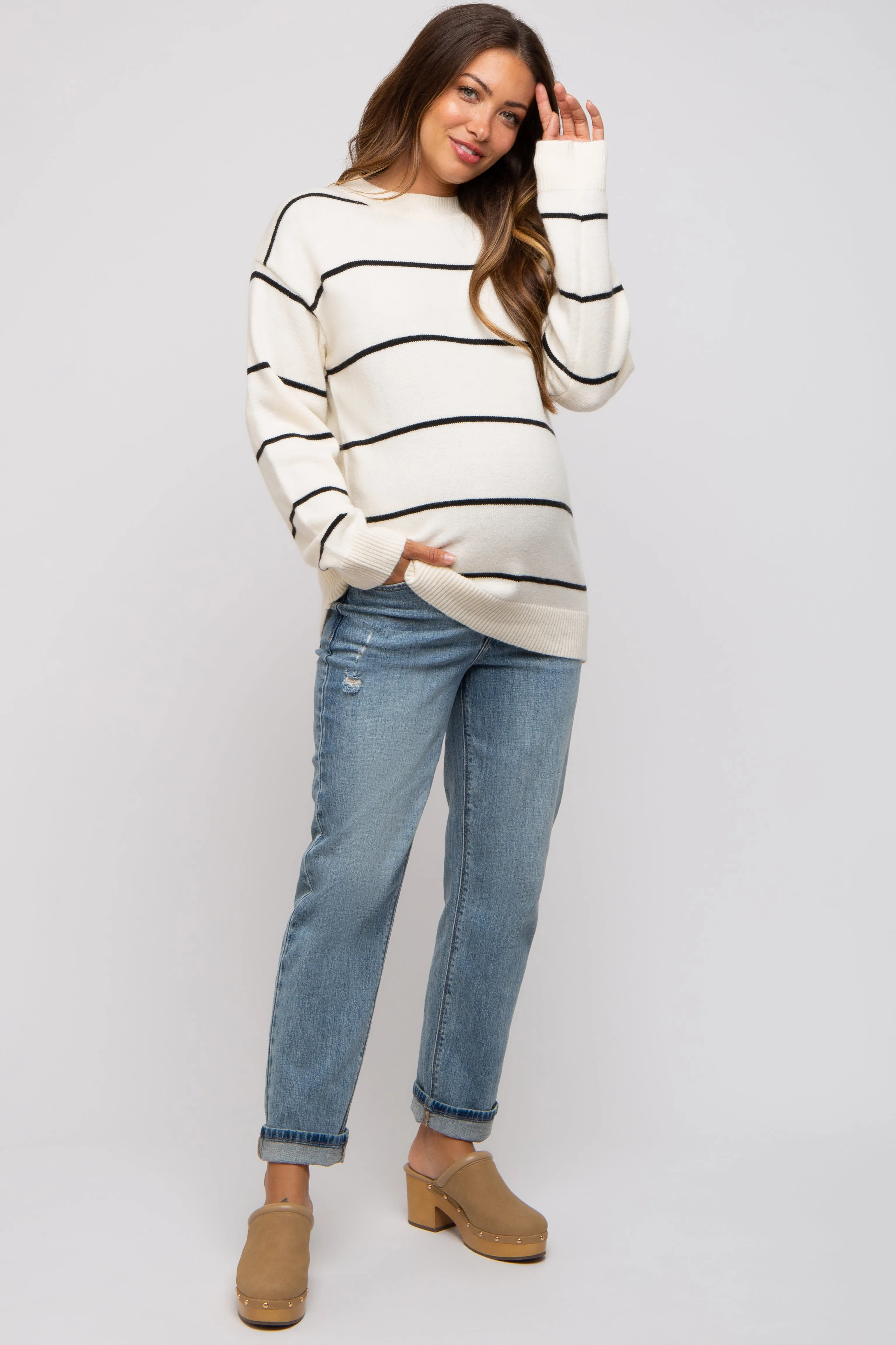 Ivory Striped Mock Neck Maternity Sweater sold by Pinkblush
