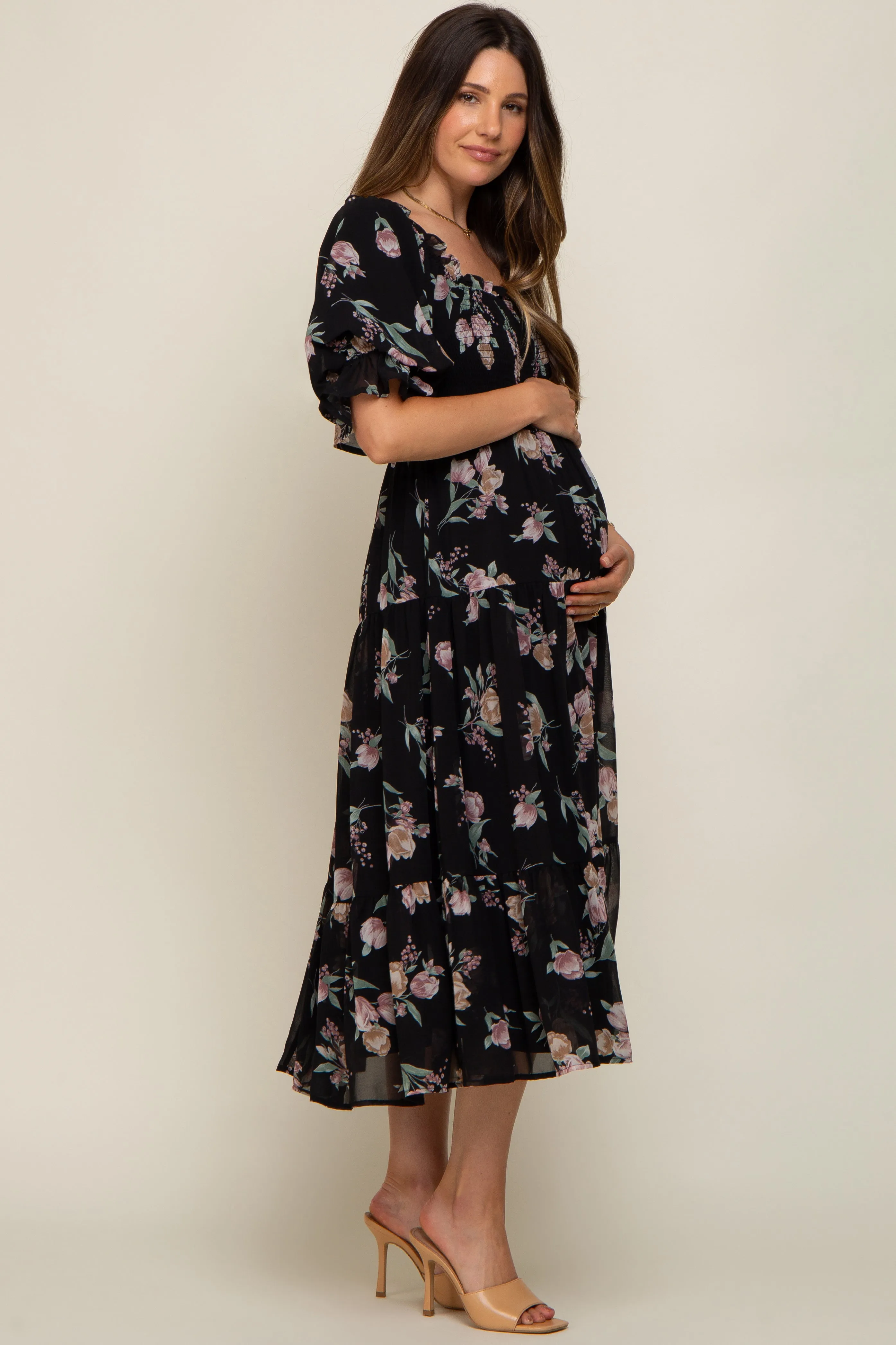 Black Floral Chiffon Ruffle Square Neck Smocked Maternity Midi Dress sold by Pinkblush product image thumbnail 2