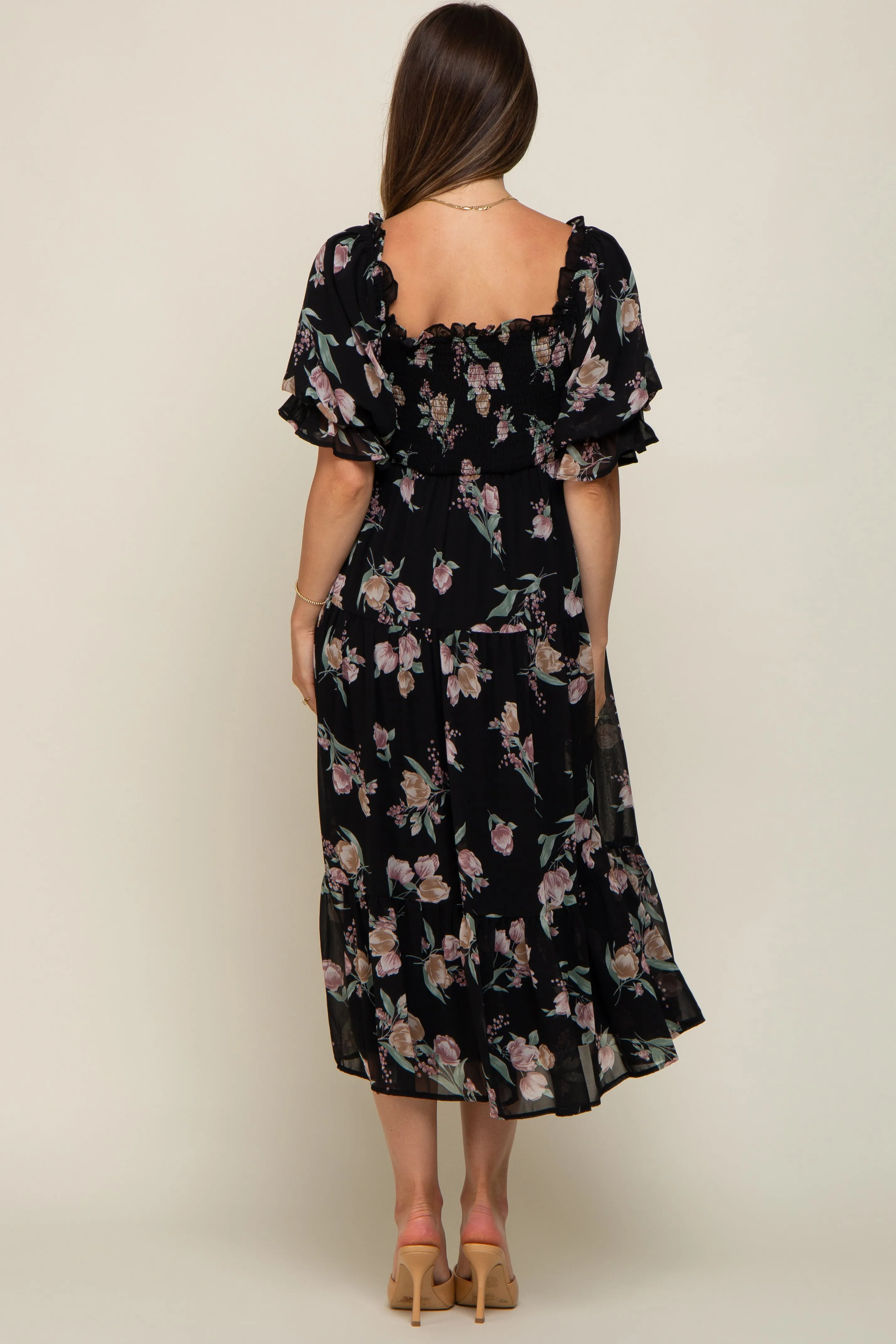 Black Floral Chiffon Ruffle Square Neck Smocked Maternity Midi Dress sold by Pinkblush product image thumbnail 3