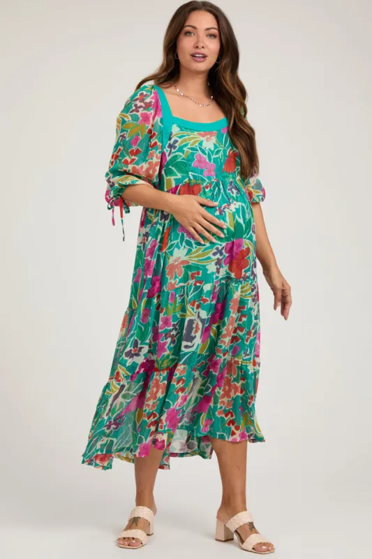 Turquoise Floral Half-Length Sleeve Tie Maternity Midi Dress sold by Pinkblush