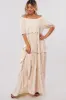 Cream Off Shoulder Ruffle Tiered Maxi Dress sold by Pinkblush