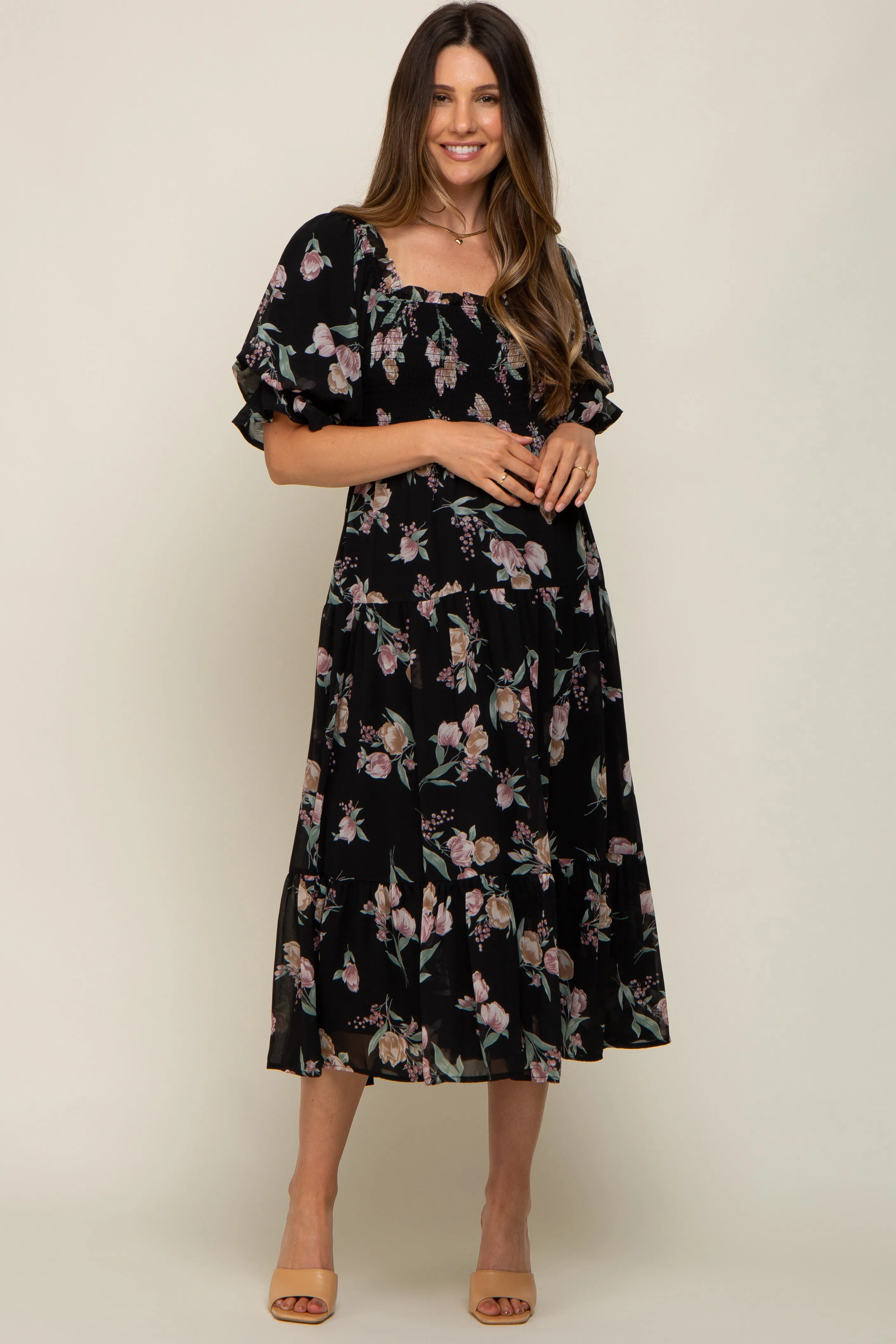 Black Floral Chiffon Ruffle Square Neck Smocked Maternity Midi Dress sold by Pinkblush product image thumbnail 4
