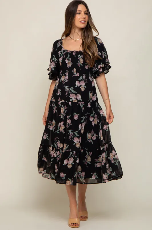 Black Floral Chiffon Ruffle Square Neck Smocked Maternity Midi Dress sold by Pinkblush