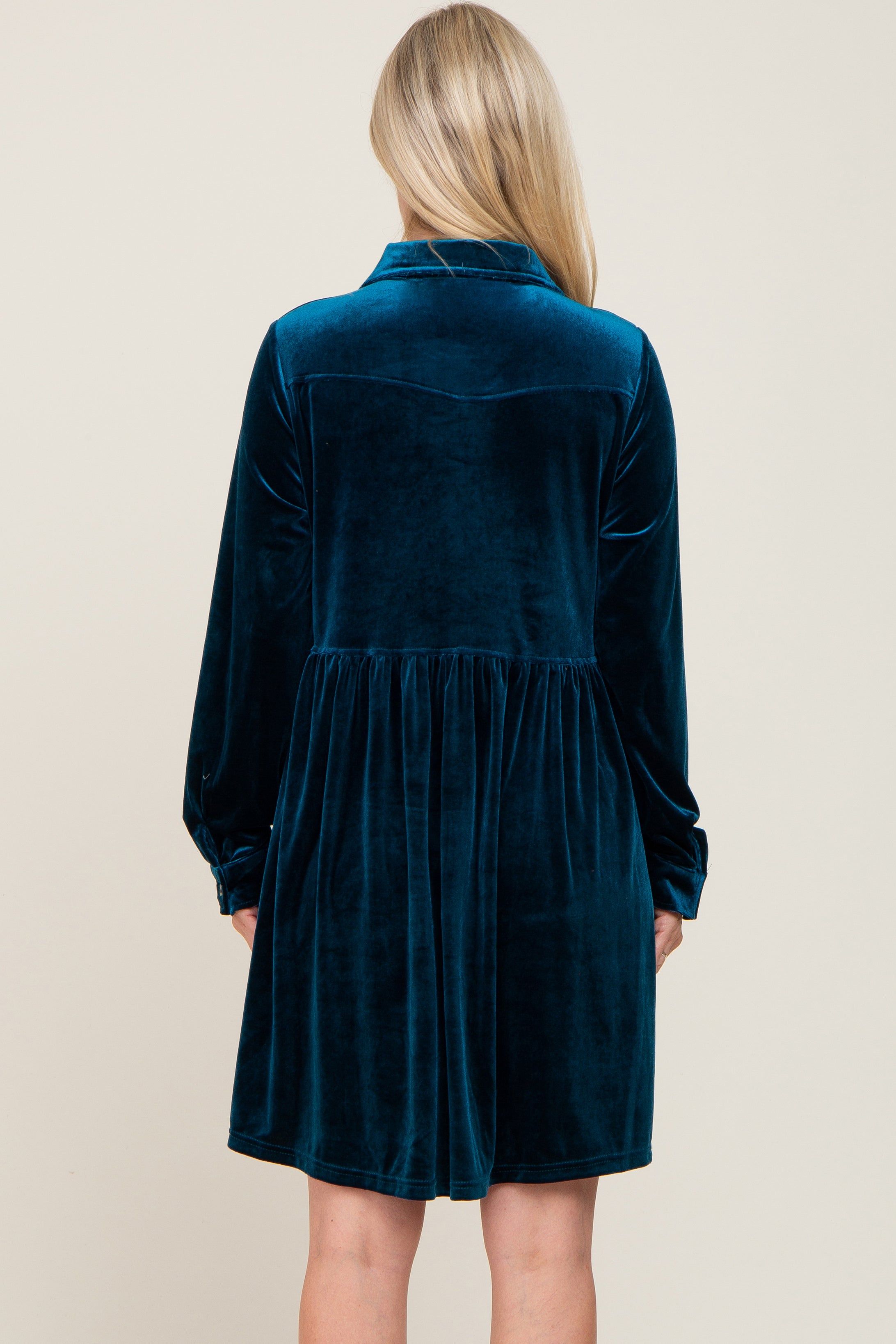 Dark Teal Velvet Button Down Maternity Mini Dress sold by Pinkblush product image thumbnail 3