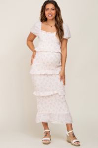 Light Pink Floral Square Neck Smocked Maternity Maxi Dress sold by Pinkblush