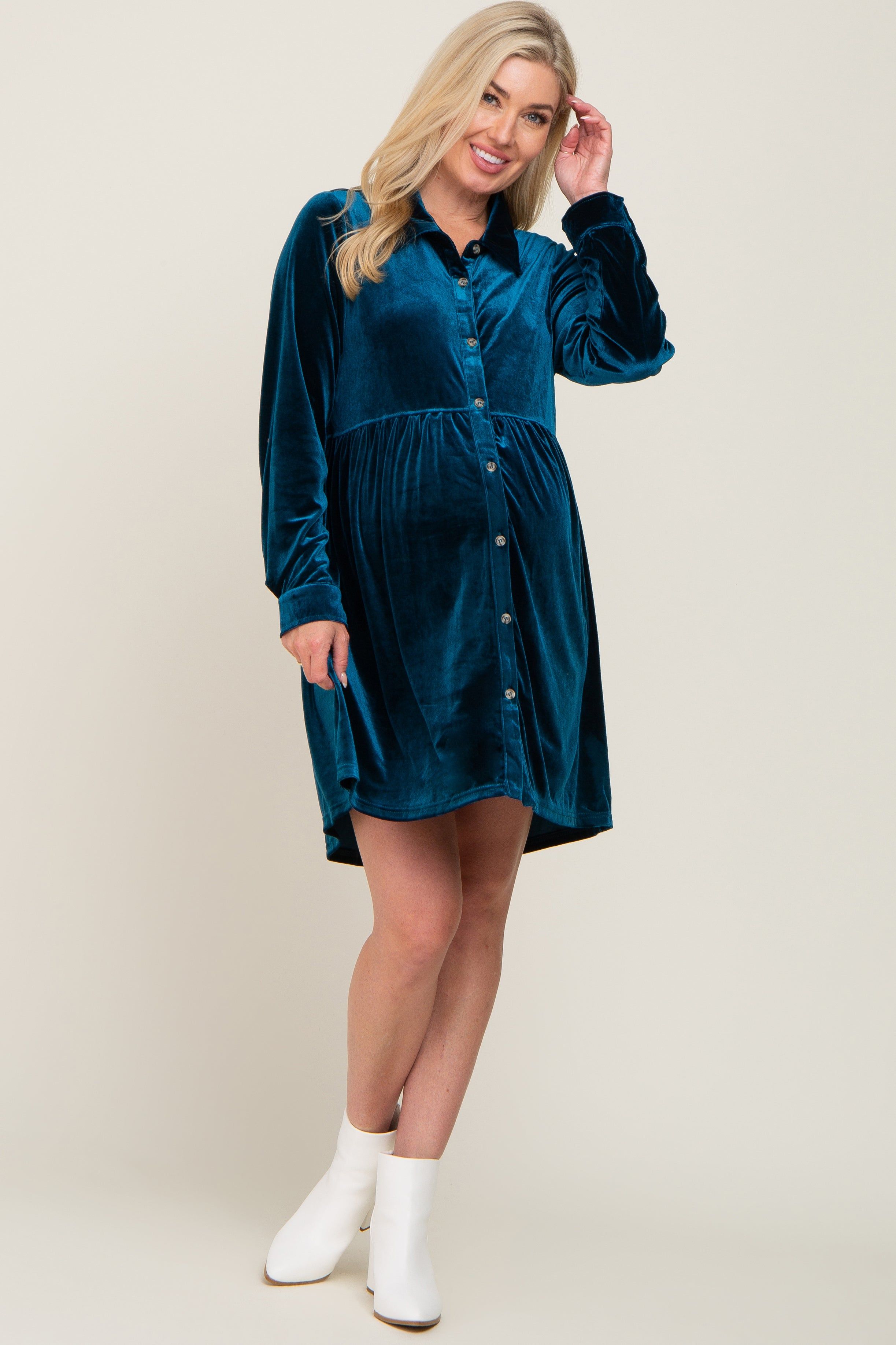 Dark Teal Velvet Button Down Maternity Mini Dress sold by Pinkblush product image thumbnail 4